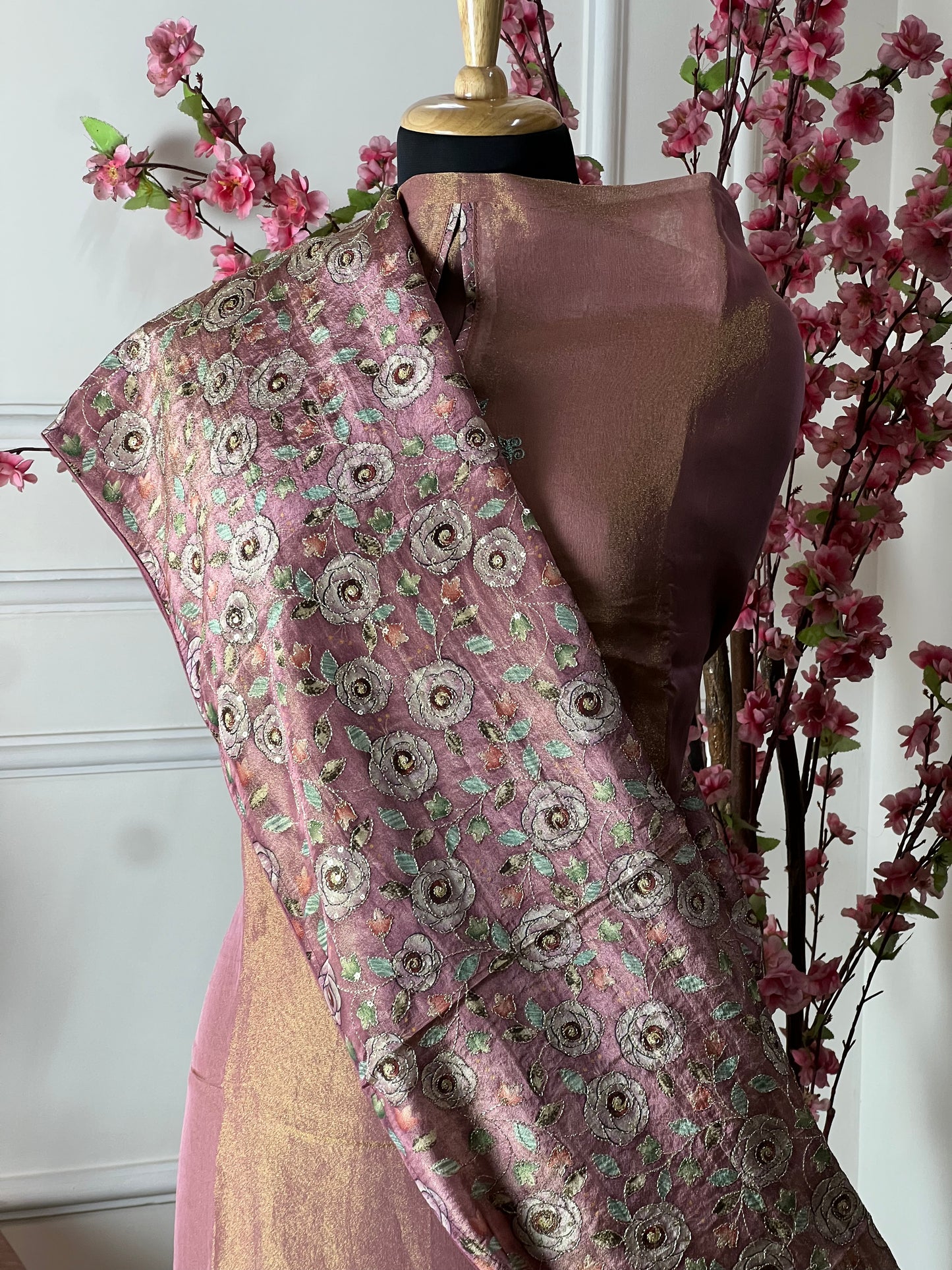 Top: Pure shimmer silk with handwork; Bottom: Pure silk satin; Dupatta: Pure shimmer silk with heavy work;