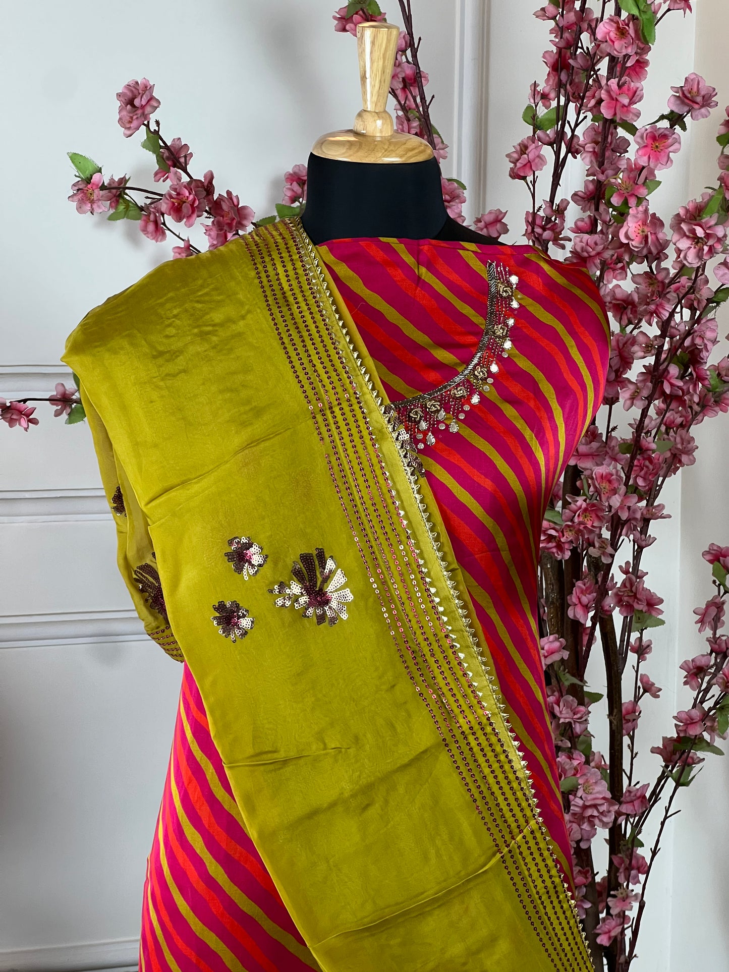 Top: Pure silk satin with knot work, nalki work, gota patti and hand work on neck; Bottom: Pure upada premium soft; Dupatta: Pure organja with handwork;