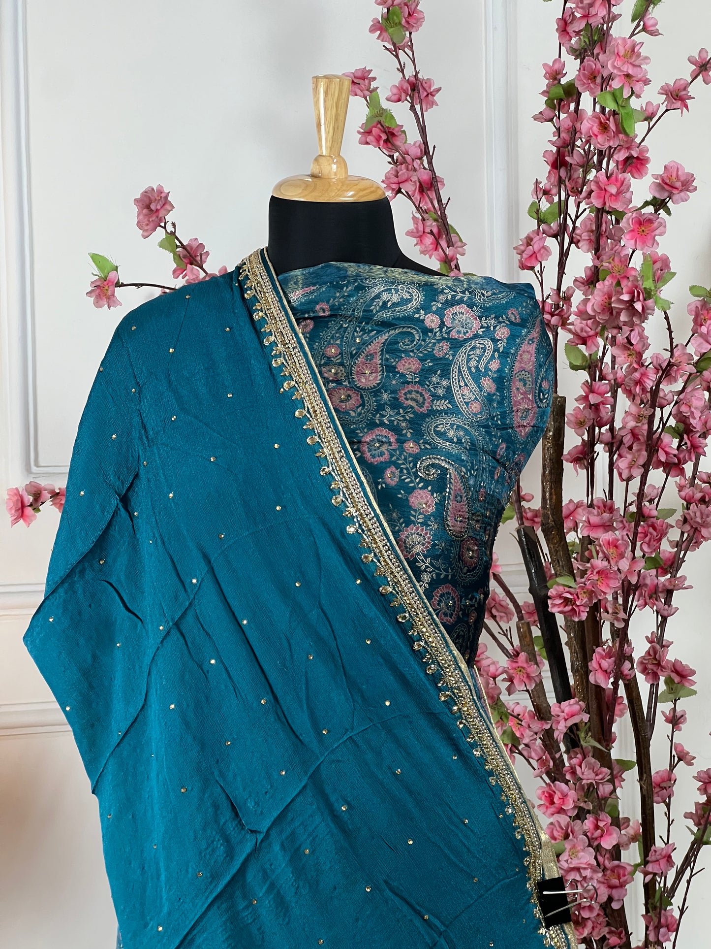 Top: Pure brocket handwork with nalki, sequin and pearl work on border, back plain shimmer; Bottom: Pure soft opada; Dupatta: Pure chinon four side border with handwork and pipen1;