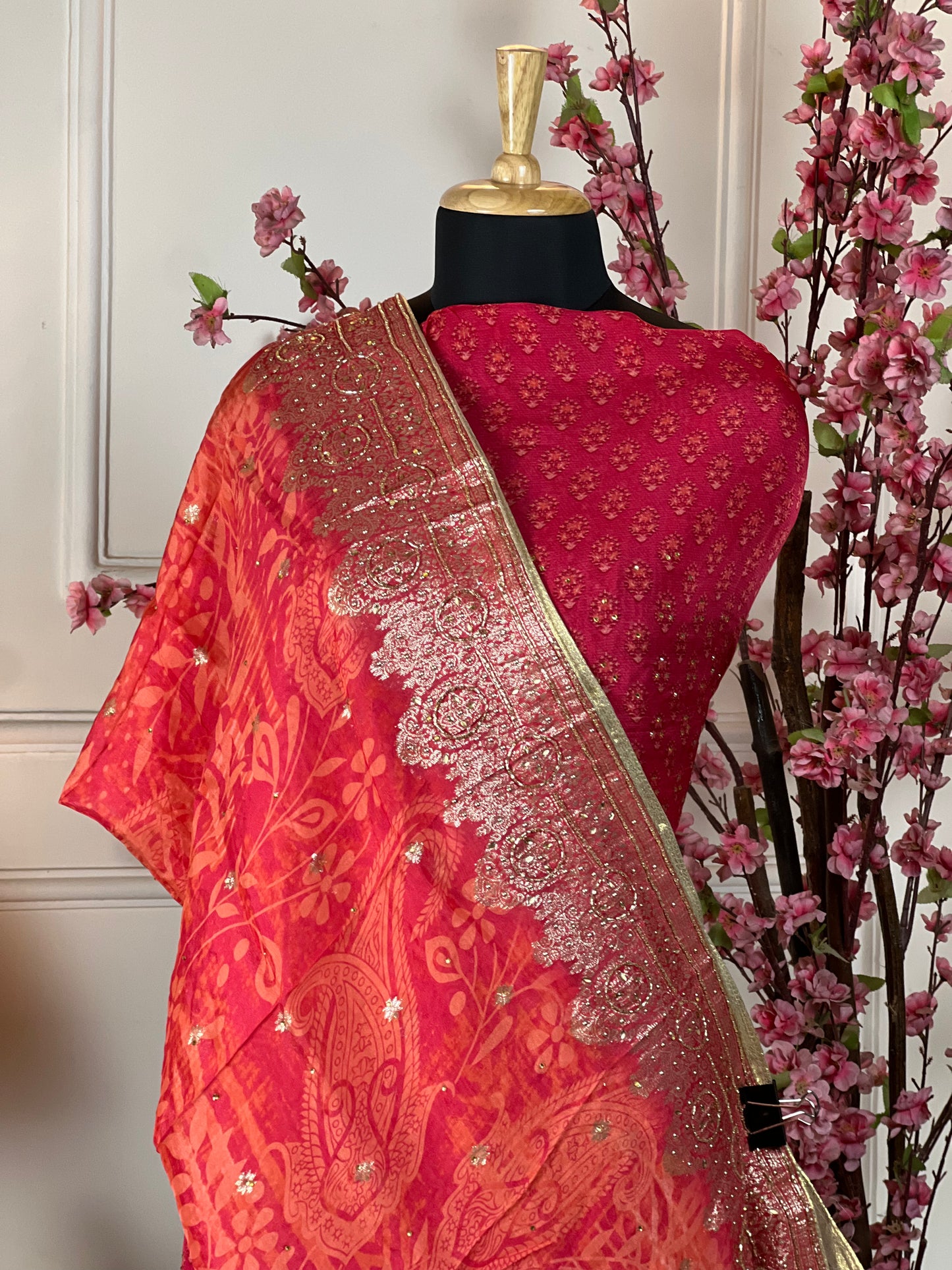 Top: Pure organja silk with handwork border, nalki, sequins and moti work; Bottom: Plain pure opada; Dupatta: Pure organja Banarasi printed weaving with sequin and nalki handwork;