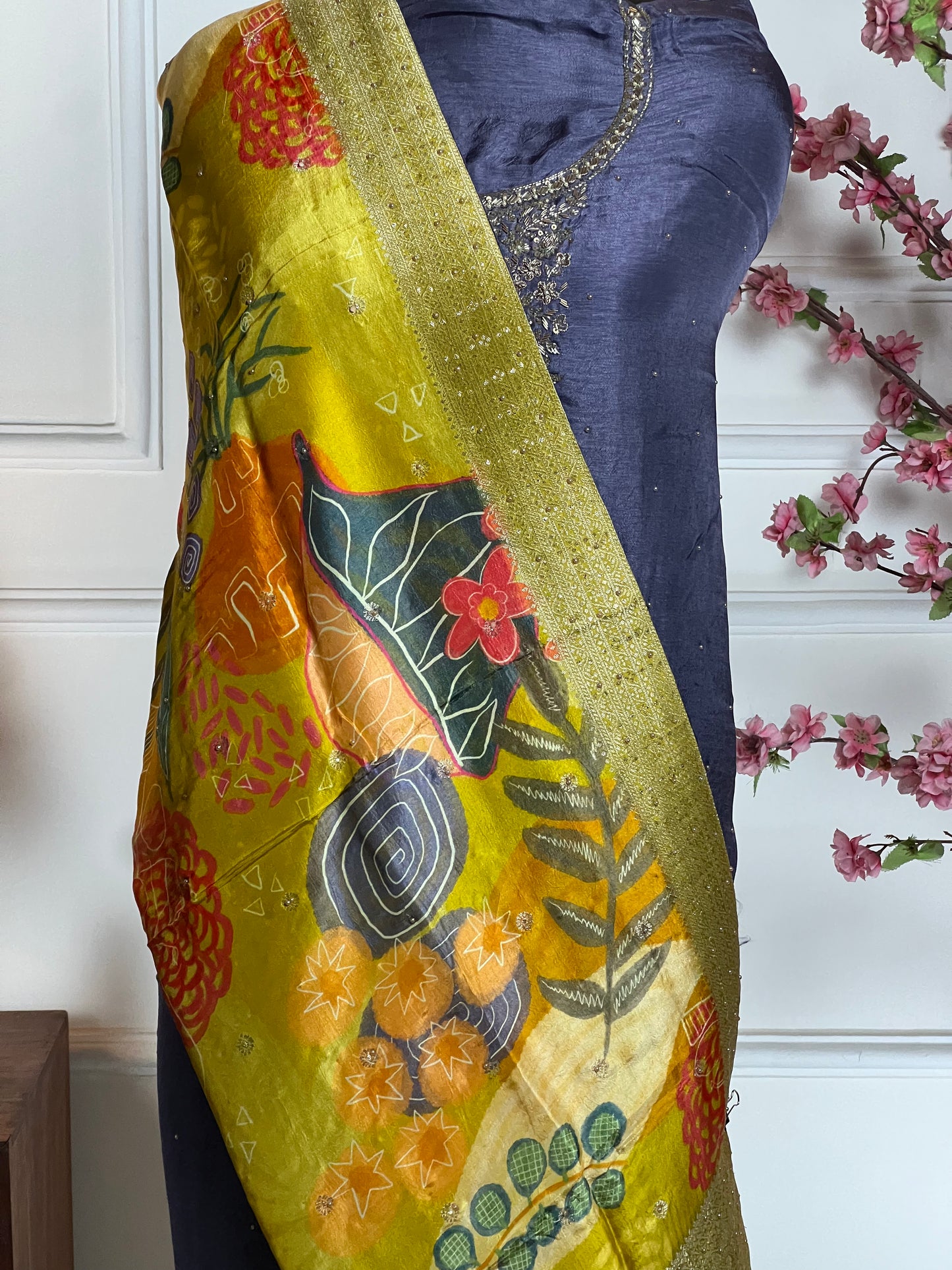 Top: Pure osa silk with dabka, nalki, sequins and pearl handwork; Bottom: Pure soft opada silk; Dupatta: Pure Banarasi booti border printed dupatta;