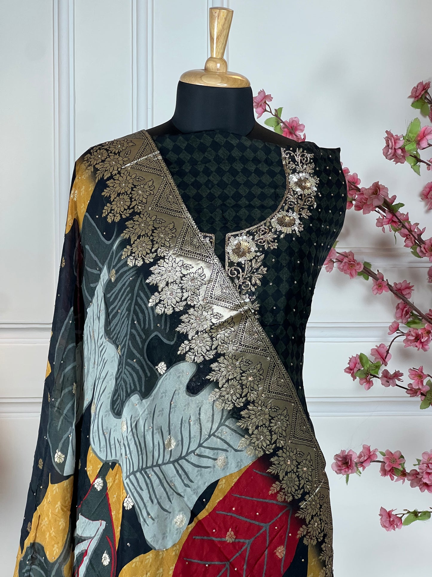 Top: Pure organja printed with dabka and sequins handwork; Bottom: Pure soft upada; Dupatta: Pure organja with Banarasi borders;