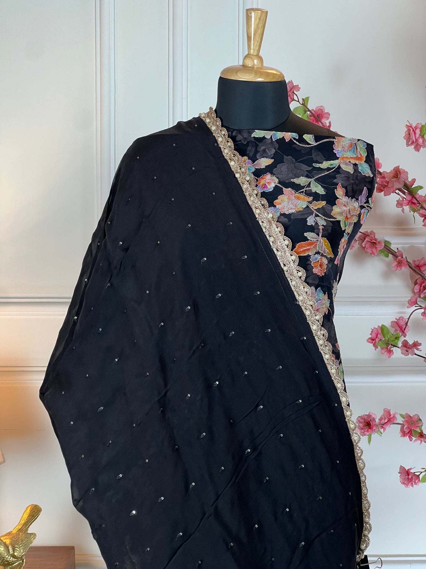 Top: Soft organja print with highlight work; Bottom: Crape plain; Dupatta: Pure chiffon with pearl lace and tassels;