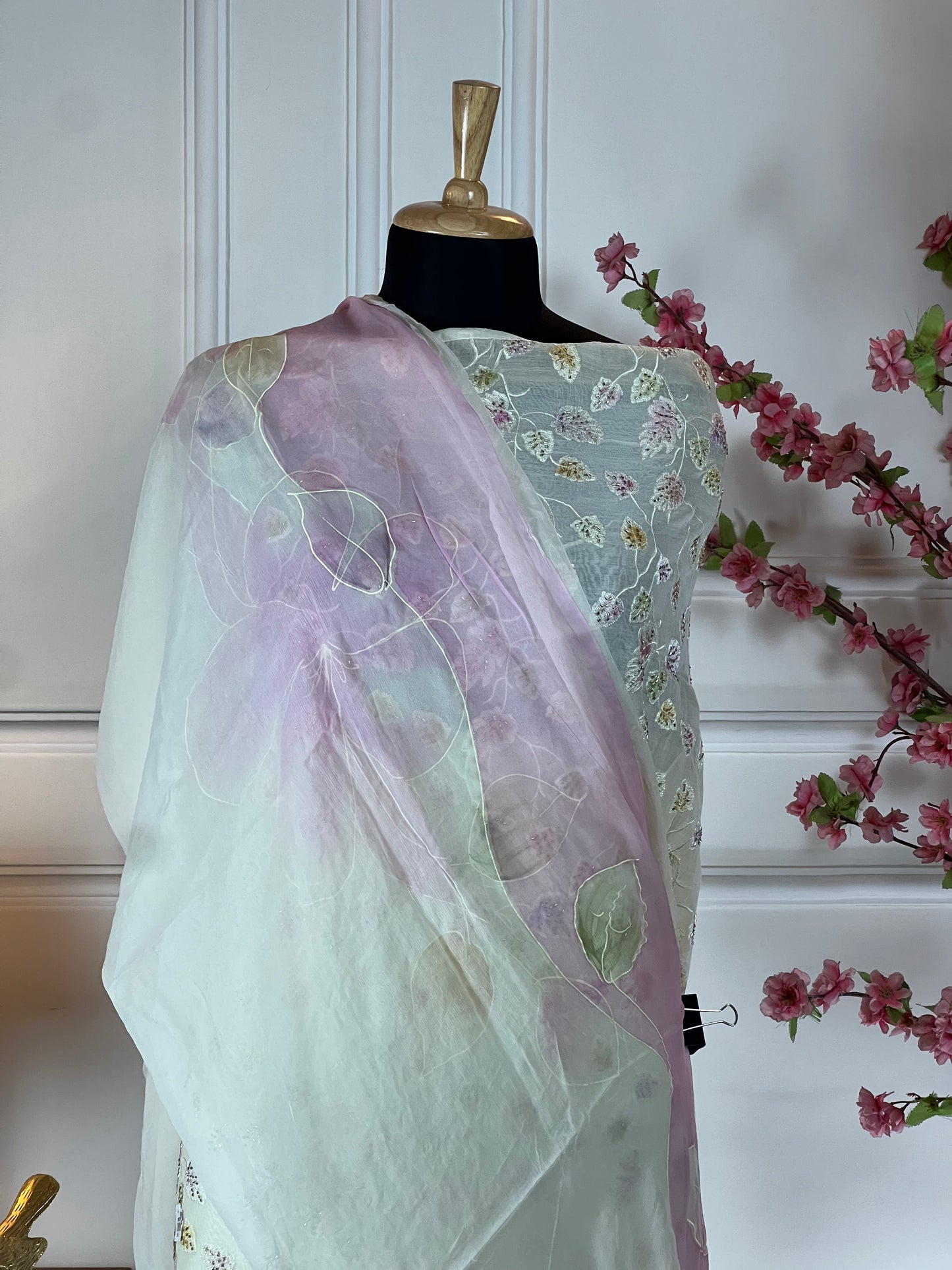 Top: Pure mul cotton with Kashmiri thread work; Bottom: Plain crape; Dupatta: Pure chiffon painting dupatta;