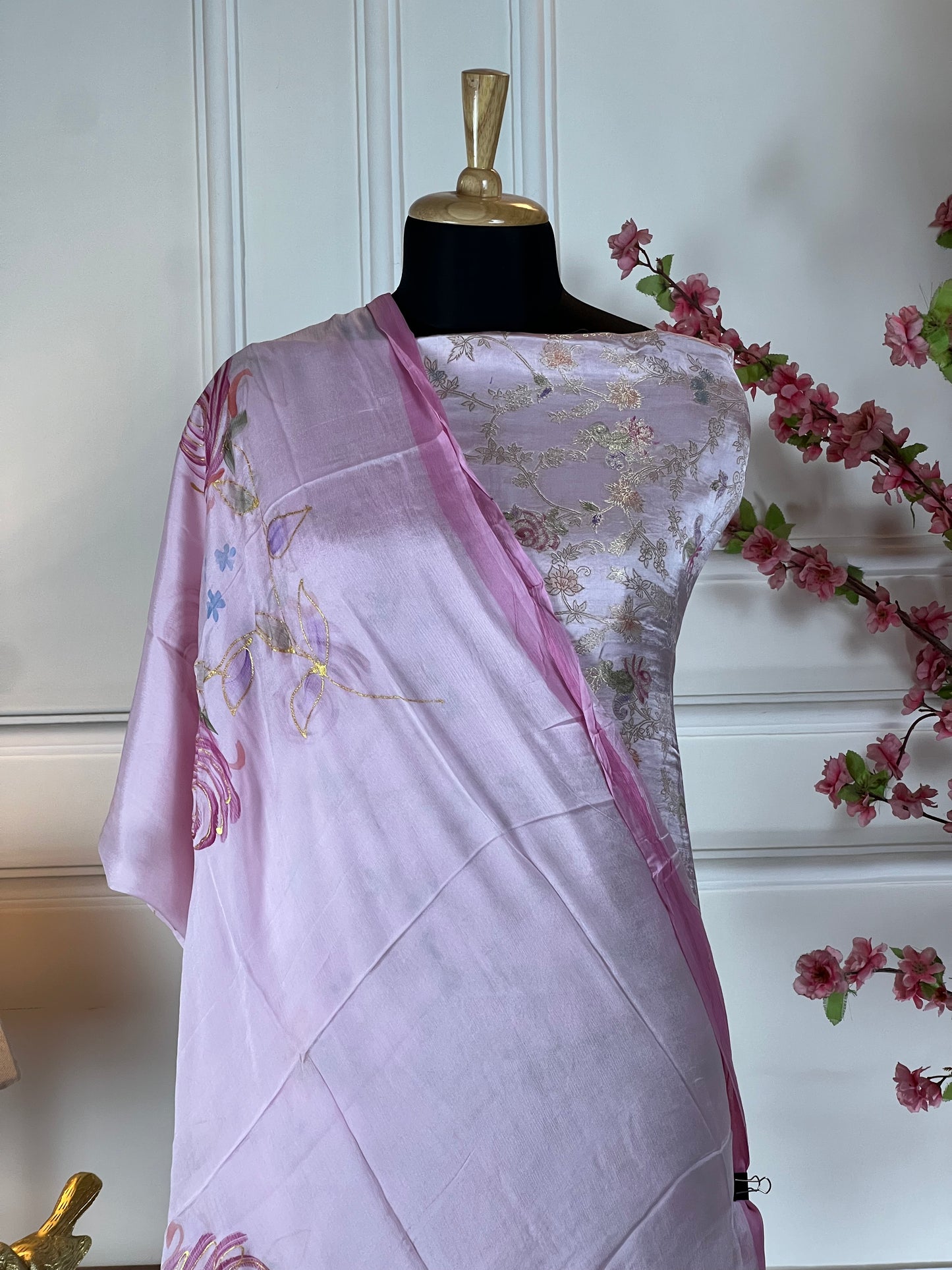 Top: Pure katan silk colourful Banarasi weaving soft; Bottom: Plain crape; Dupatta: Pure chiffon painting work;