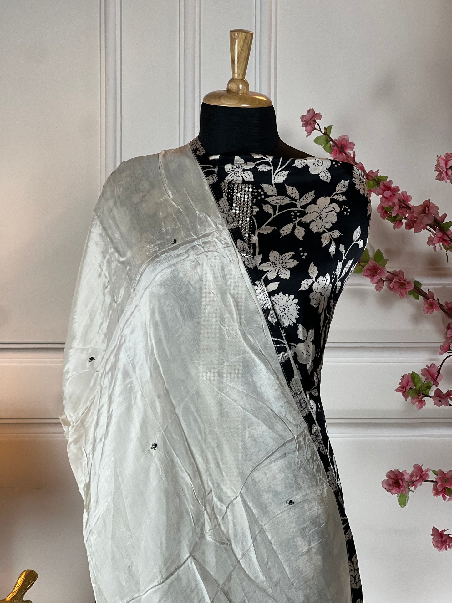 Top: Pure satin silk print; Bottom: Pure soft pine silk; Dupatta: Pure soft pine silk;