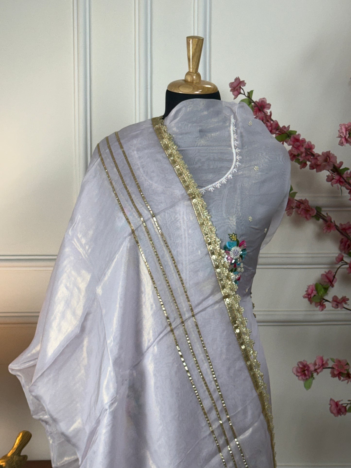 Top: Pure shimmer organja with multi colour sequin, pearls, thread handwork booti on front and heavy same work on sleeves; Bottom: Pure soft opada silk; Dupatta: Pure shimmer organja with gota and heavy lace;