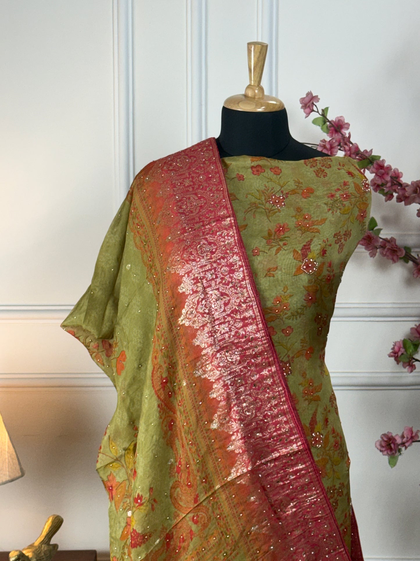 Top: Pure soft organja silk with nalki, sequins, pearls, sippi handwork on border and belt; Bottom: Pure soft opada silk; Dupatta: Pure soft organja silk with Banarasi border;