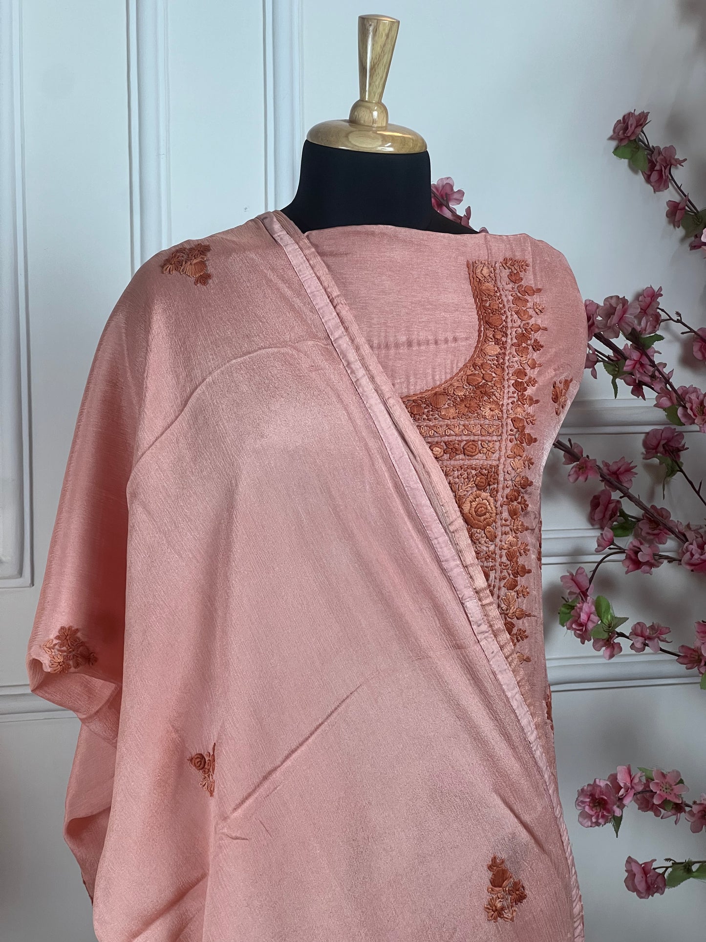 Top: Soft silk with same colour thread work on neck handwork; Bottom: Pure silk santoon; Dupatta: Pure chinon with thread handwork on border and buti;
