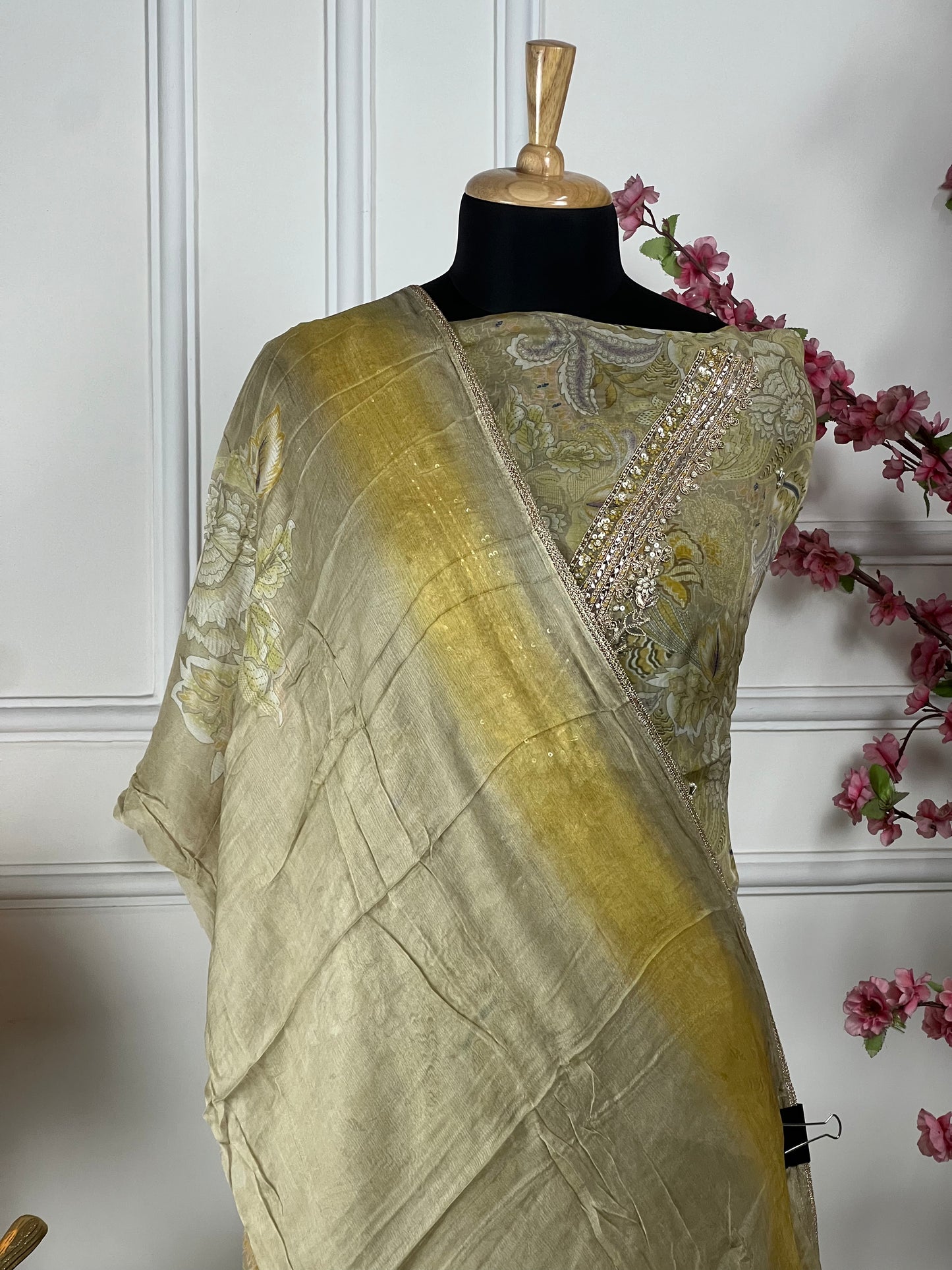Top: Pure premium organja with V-shape neck dori, pearls, dabka, gota and thread handwork; Bottom: Pure premium upada silk; Dupatta: Pure chiffon printed with premium lace on four sides;