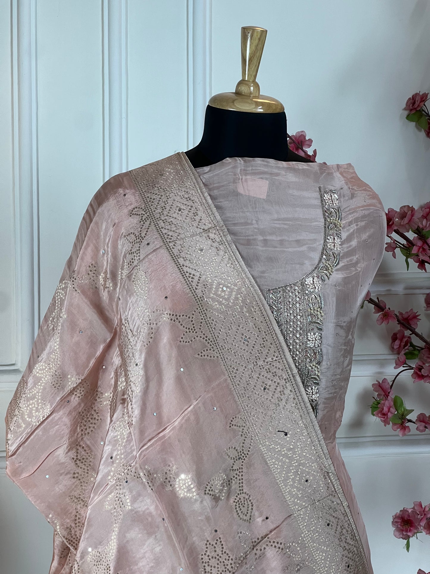 Top: Pure Habutai silk with knot work, dabka, sitari work, pearl handwork with proper finishing handwork; Bottom: Pure super soft opada; Dupatta: Pure Habutai silk weaving Banarasi dupatta with elegant work;
