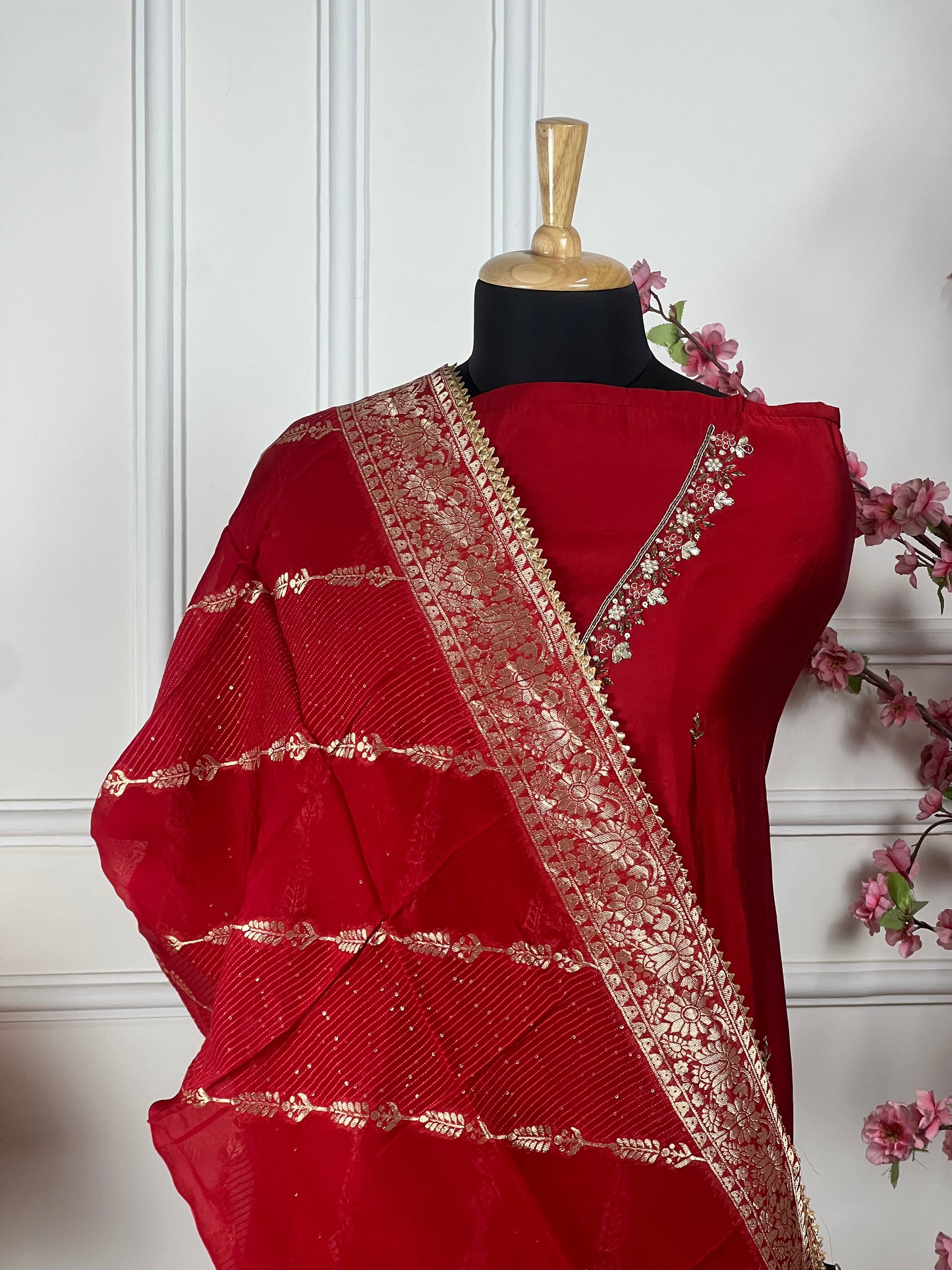 Top: Pure modal satin silk with nalki, moti, gotapatti, sequins handwork; Bottom: Same colour pure modal satin; Dupatta: Pure organja Banarasi weaving dupatta;