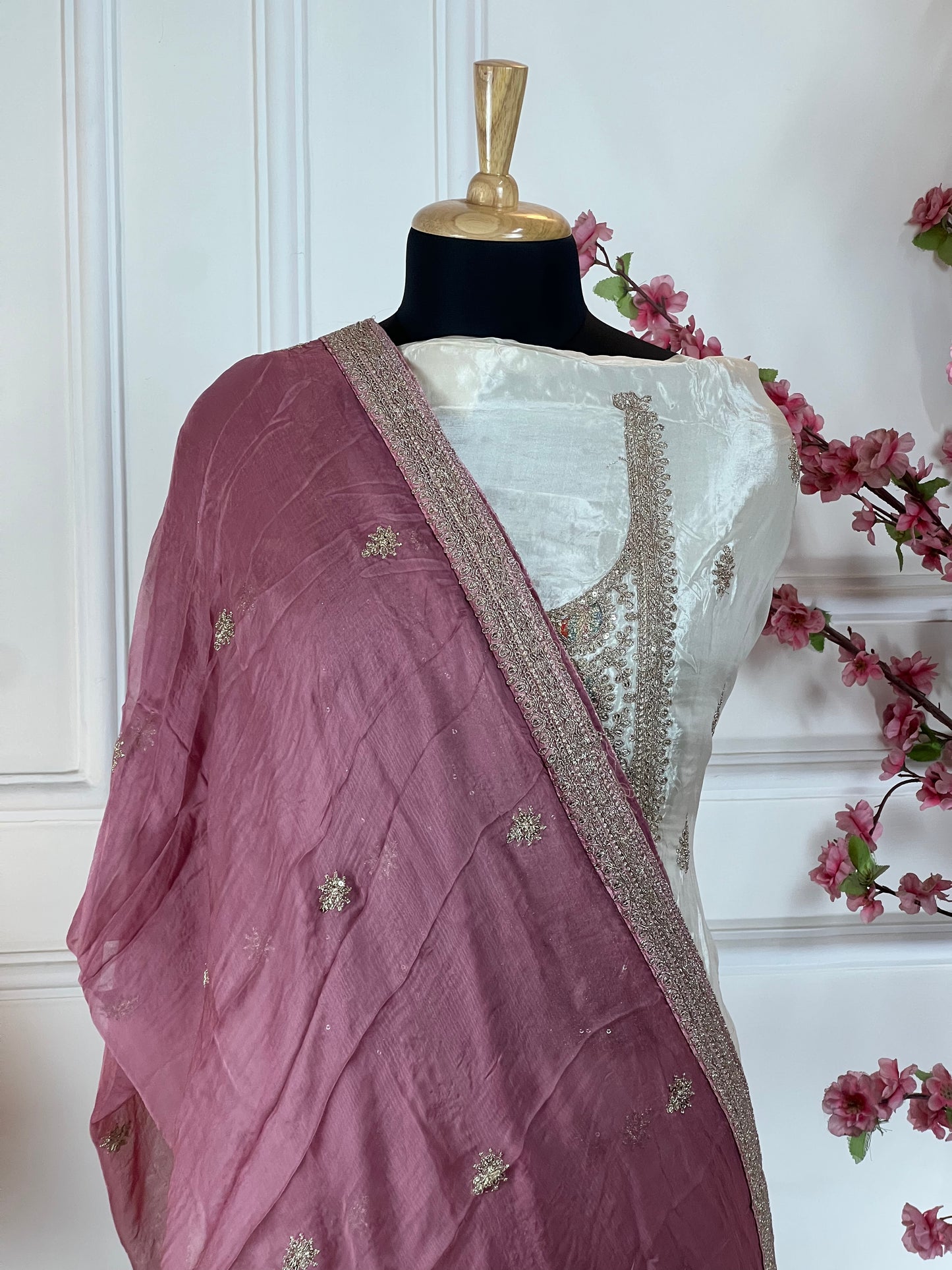 Top: Pure Habutai silk with elegant neck dori work; Bottom: Pure silk santoon; Dupatta: Pure chiffon dori work border four side;
