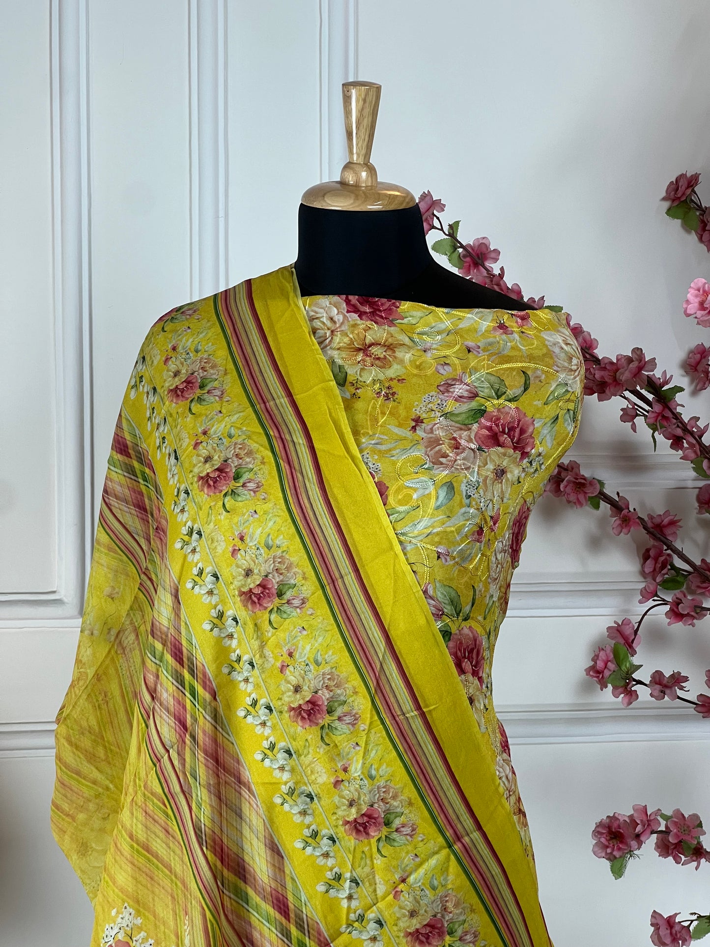 Top: Pure jorgette print and thread jaal work on full shirt; Bottom: Pure crape; Dupatta: Pure jorgette printed premium quality;