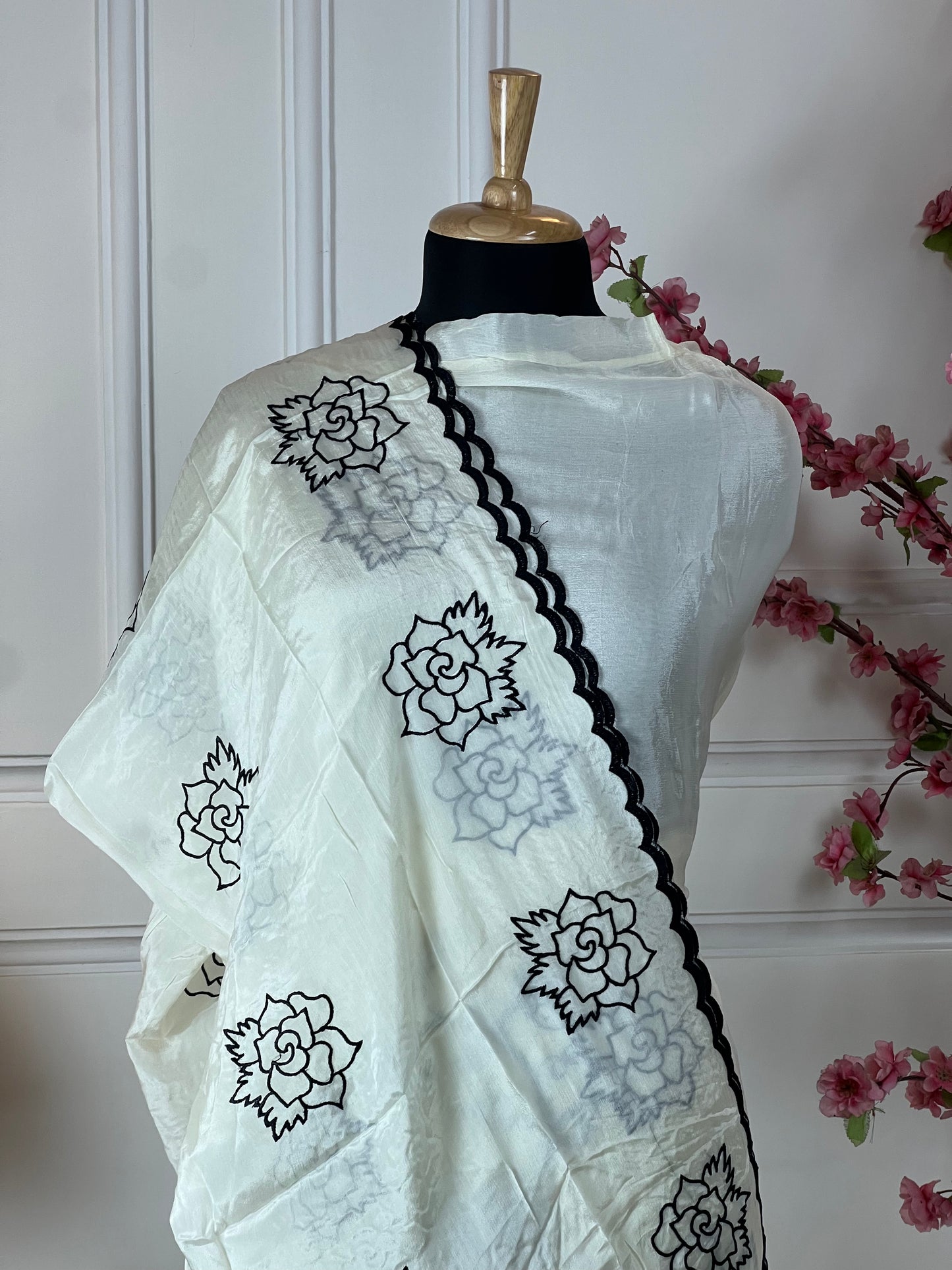Top: Pure chinon with elegant thread work and sequin work on front; Bottom: Pure muslin; Dupatta: Pure chinon boota work and cut work four side;