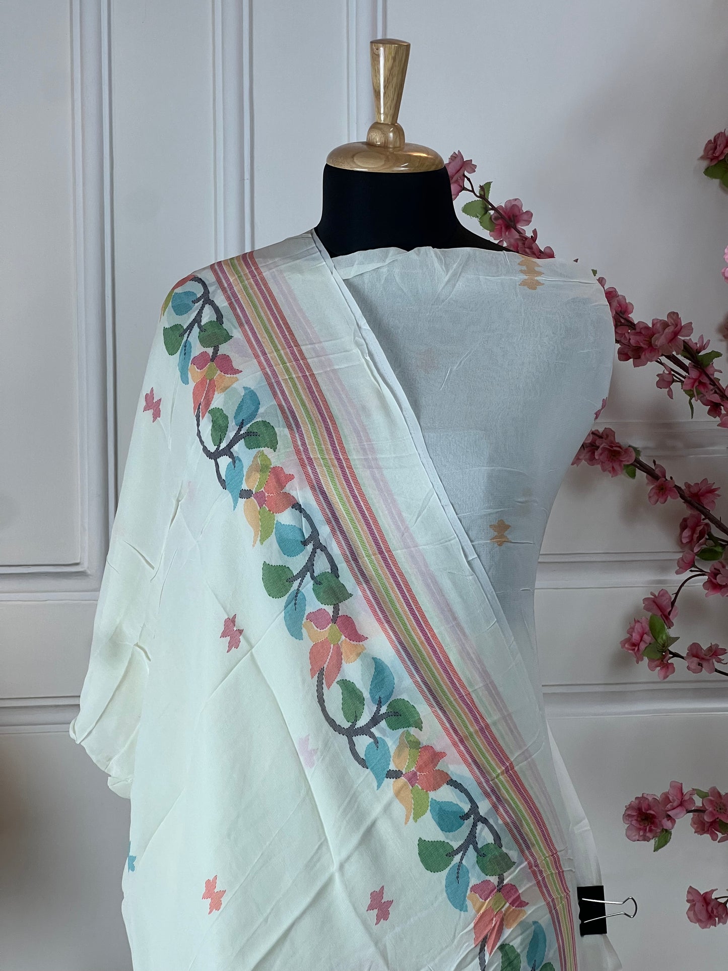 Top: Pure jorgette designer print with kantha work and sequins; Bottom: Pure muslin; Dupatta: Pure jorgette four side print and boota work;