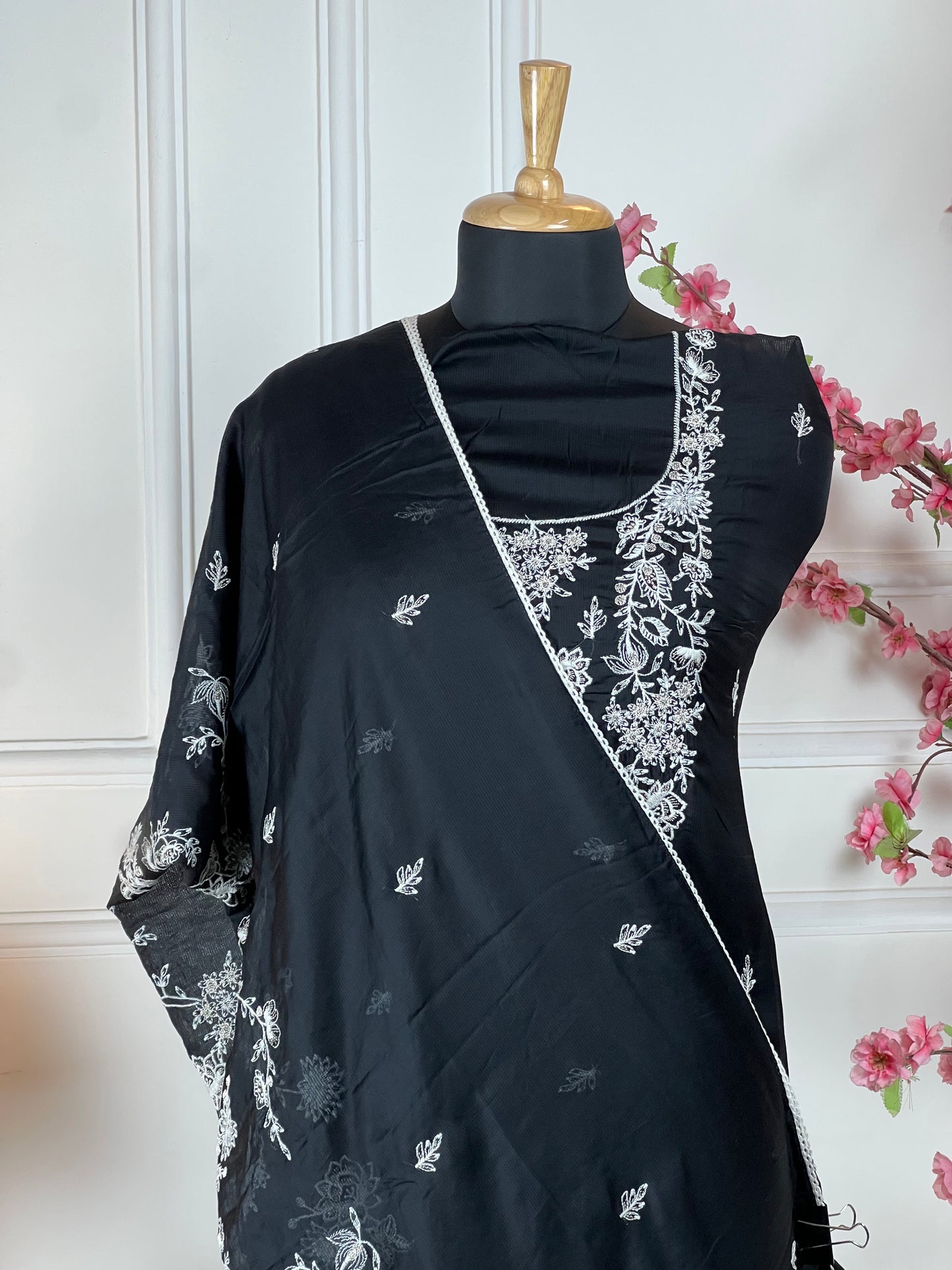 Top: Muslin Kota cheque thread work on neck and buti on front; Bottom: Muslin pure; Dupatta: Muslin Kota cheque with thread works;