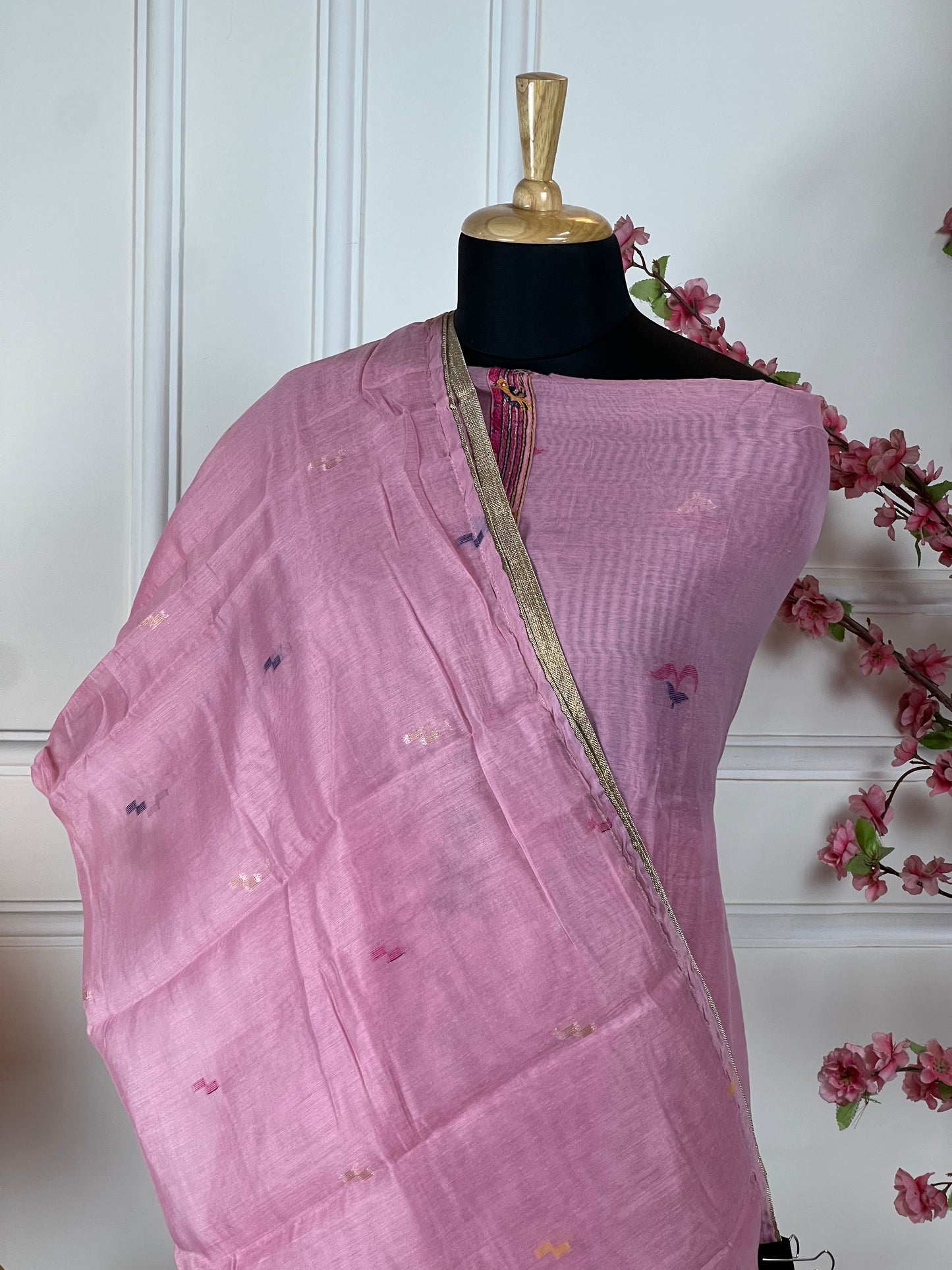 Top: Pure Jamdani weaving print thread and sequin work on border; Bottom: Pure jam satin; Dupatta: Pure Jamdani weaving print and golden pipin;
