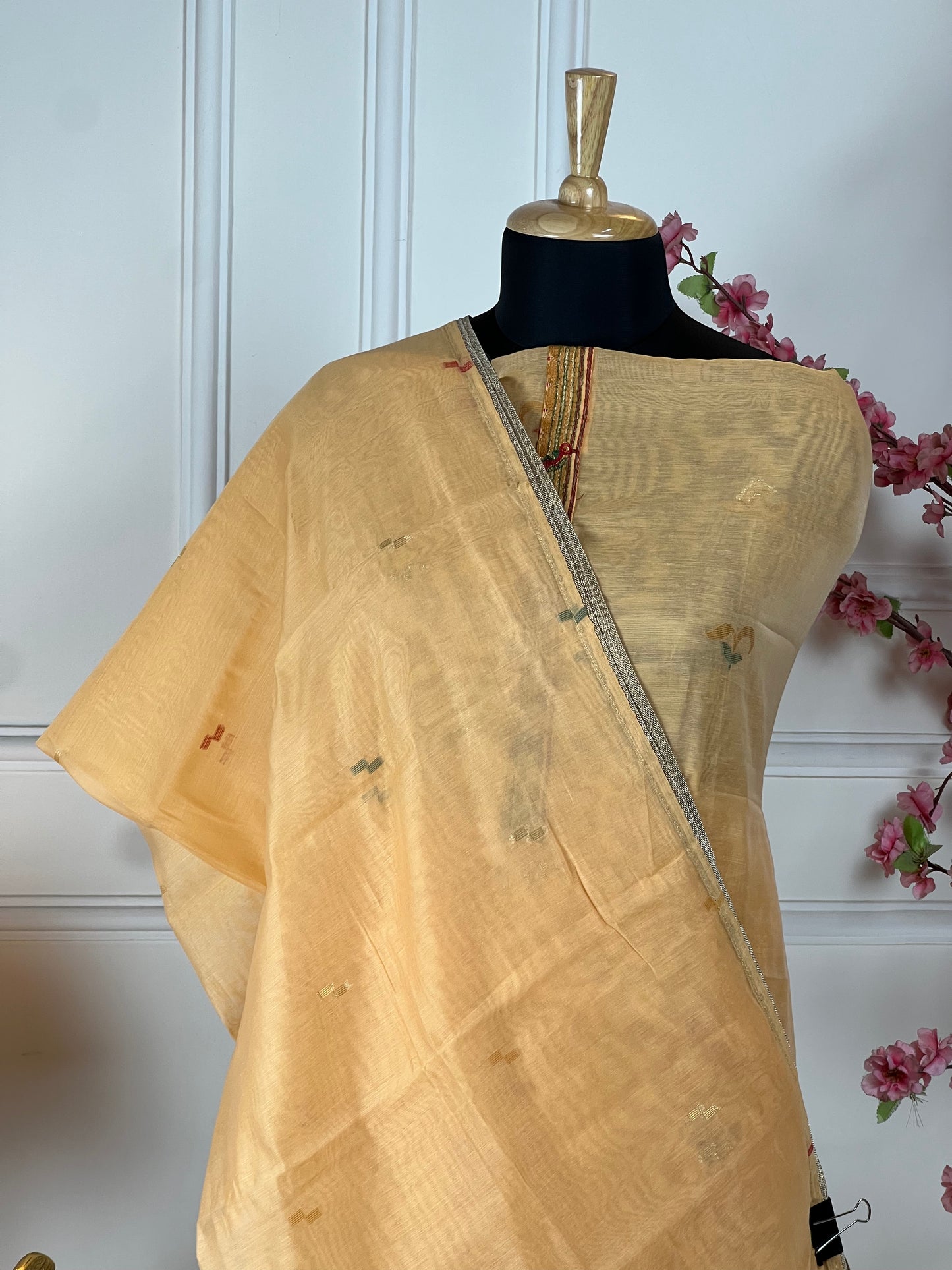 Top: Pure Jamdani weaving print with thread and sequin work on borders; Bottom: Pure jaam satin; Dupatta: Pure Jamdani weaving print with golden pipin;