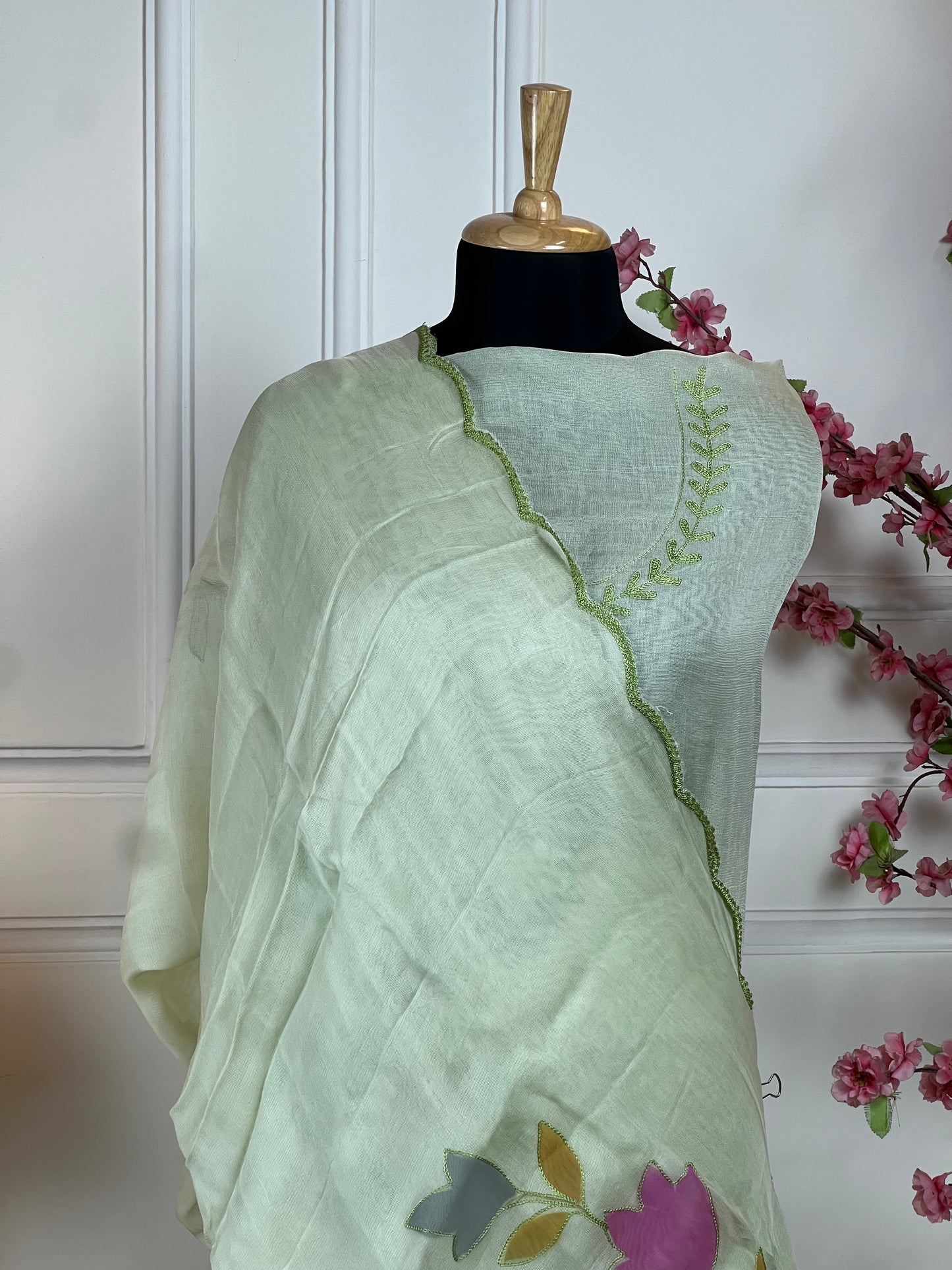 Top: Pure bubsic designer paint print and highlight work on front and thread work on neck; Bottom: Pure muslin; Dupatta: Pure bubsic painted and highlight work;