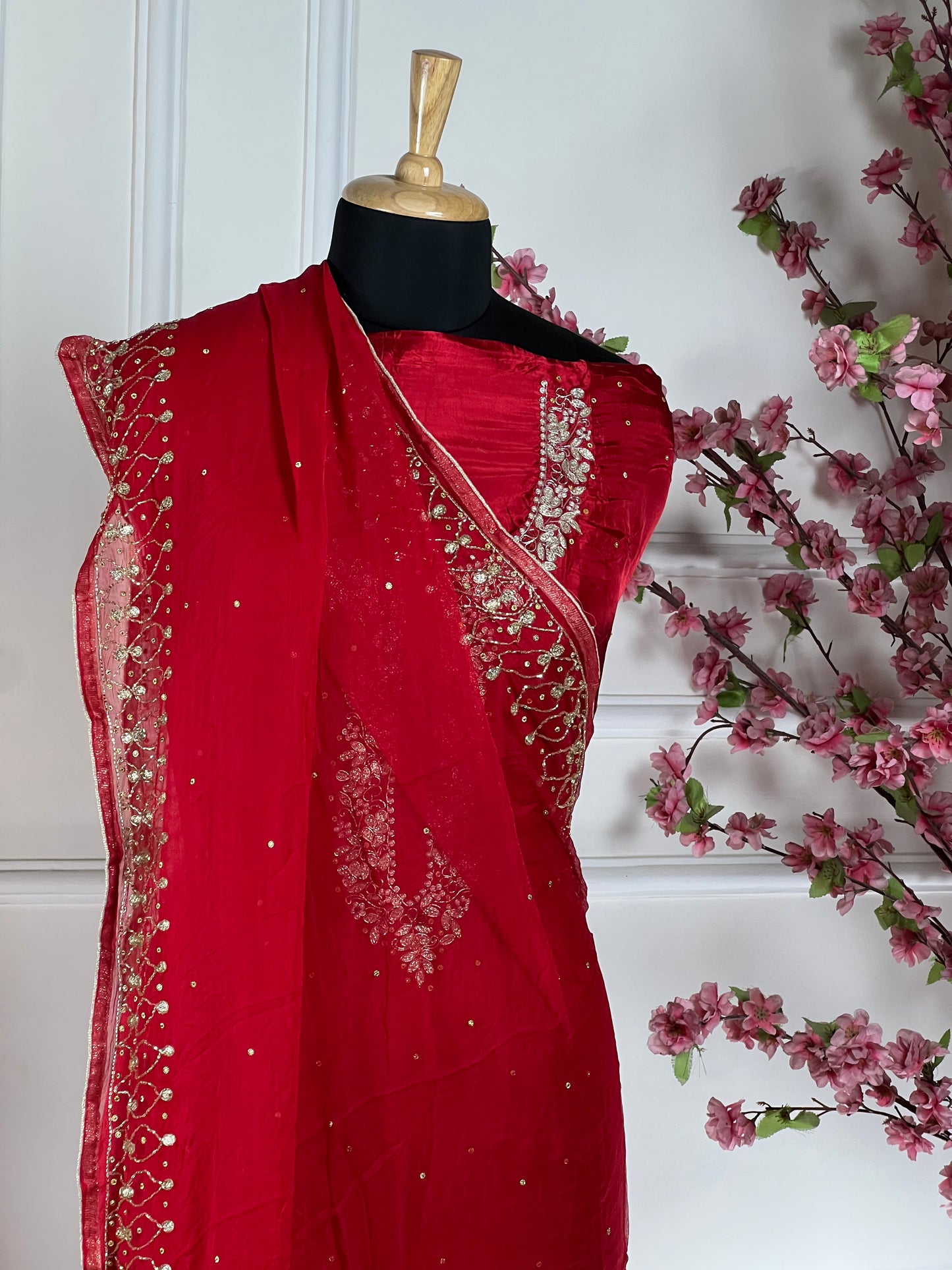 Top - Pure opada silk with heavy embroidery on neck - pearls, sequins, nalki, dabka handwork on neck<br>Bottom - Pure silk opada<br>Dupatta - Pure chiffon with four side handwork and buti Art No 72