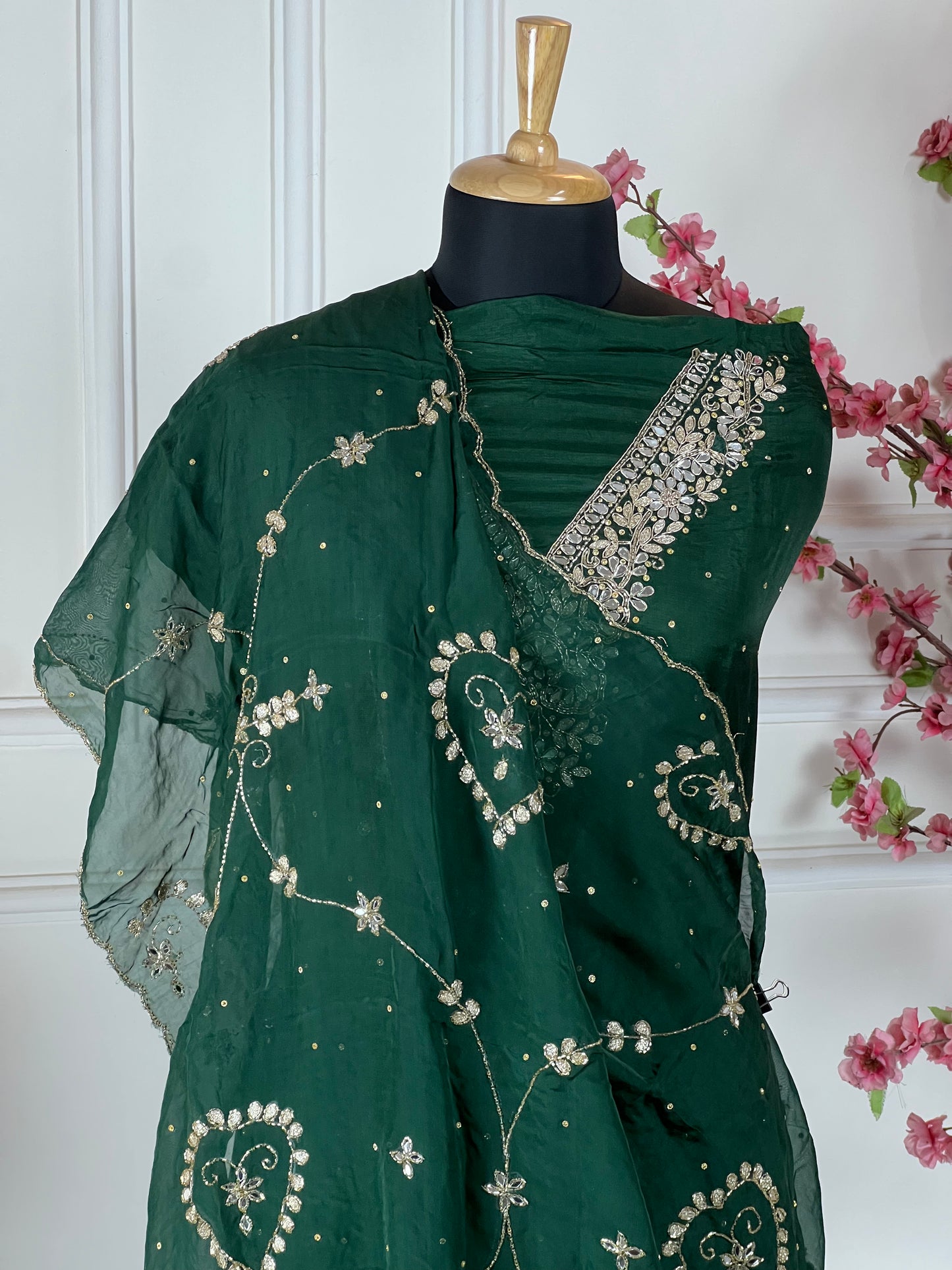 Top - Pure opada silk with handwork embroidery - pearls, sequins, dabka work on neck<br>Bottom - Pure opada silk organza<br>Dupatta - Pure chiffon with handwork, heavy jaal work Art No 74