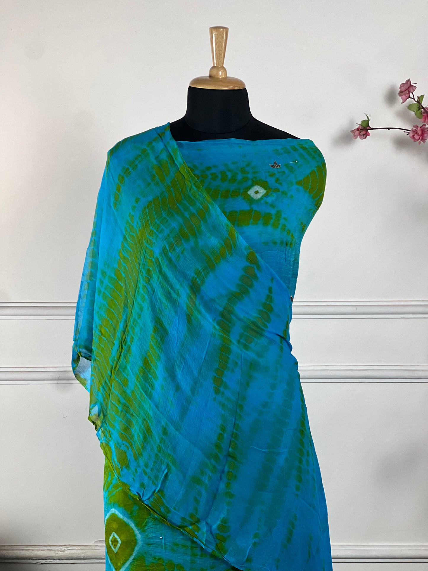 TOP: Burbric tie and dye print and handwork ; BOTTOM: Santoon Silk ; DUPATTA: Pure dupatta tie and dye and tassels lace art no 0162