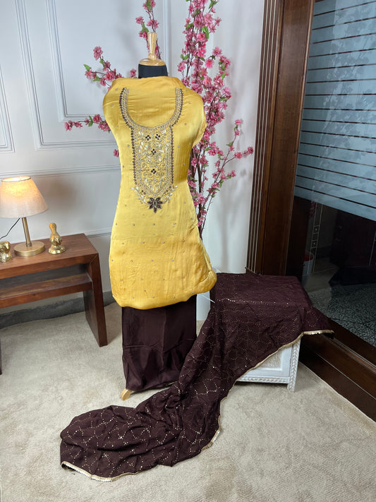Top Silk satin with handwork dabka and pearl work golden colour on neck Bottom Pure upada silk coffee Dupatta Pure chinon sequin work with heavy lace in coffee colour