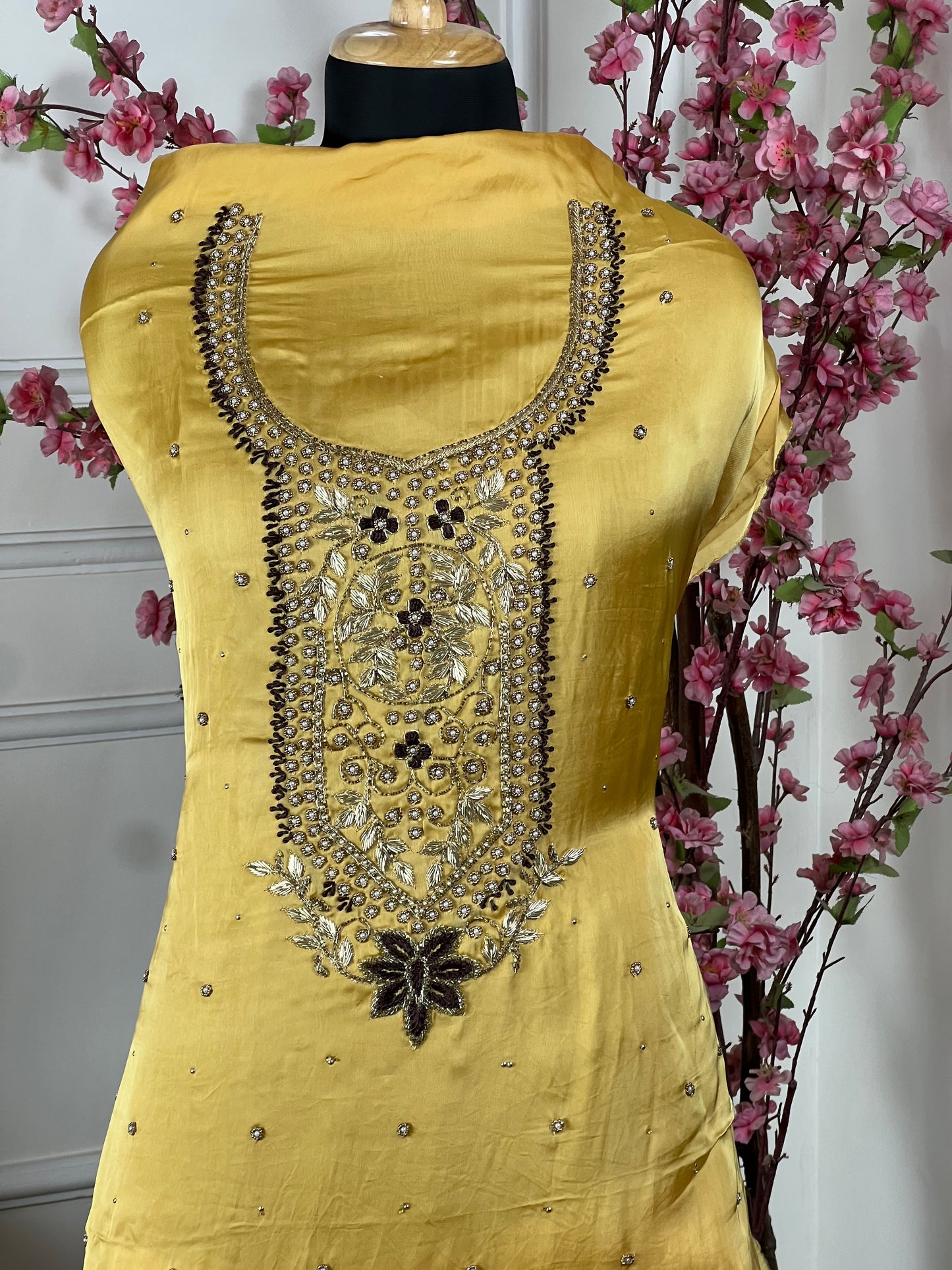 Top Silk satin with handwork dabka and pearl work golden colour on neck Bottom Pure upada silk coffee Dupatta Pure chinon sequin work with heavy lace in coffee colour