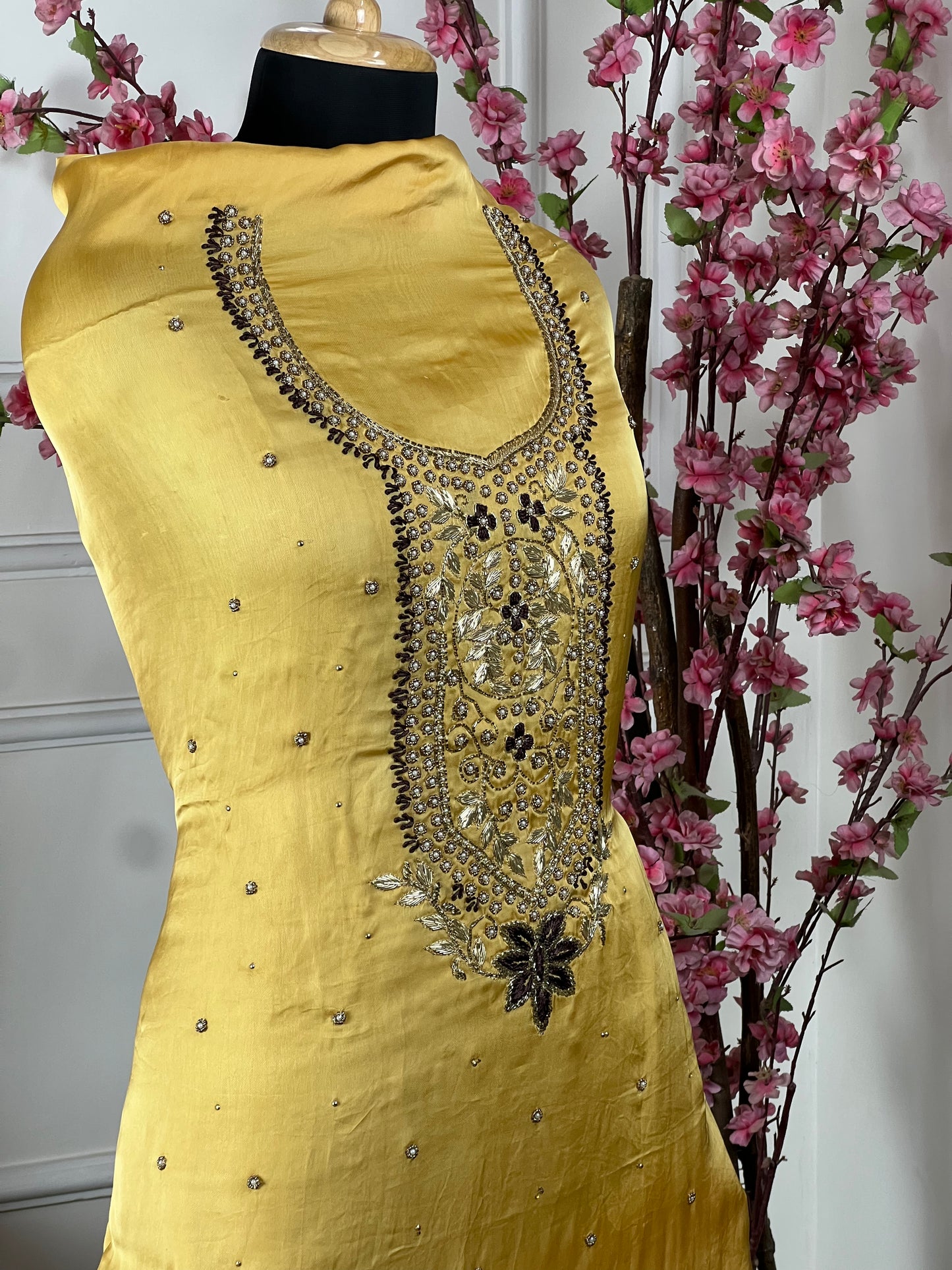 Top Silk satin with handwork dabka and pearl work golden colour on neck Bottom Pure upada silk coffee Dupatta Pure chinon sequin work with heavy lace in coffee colour