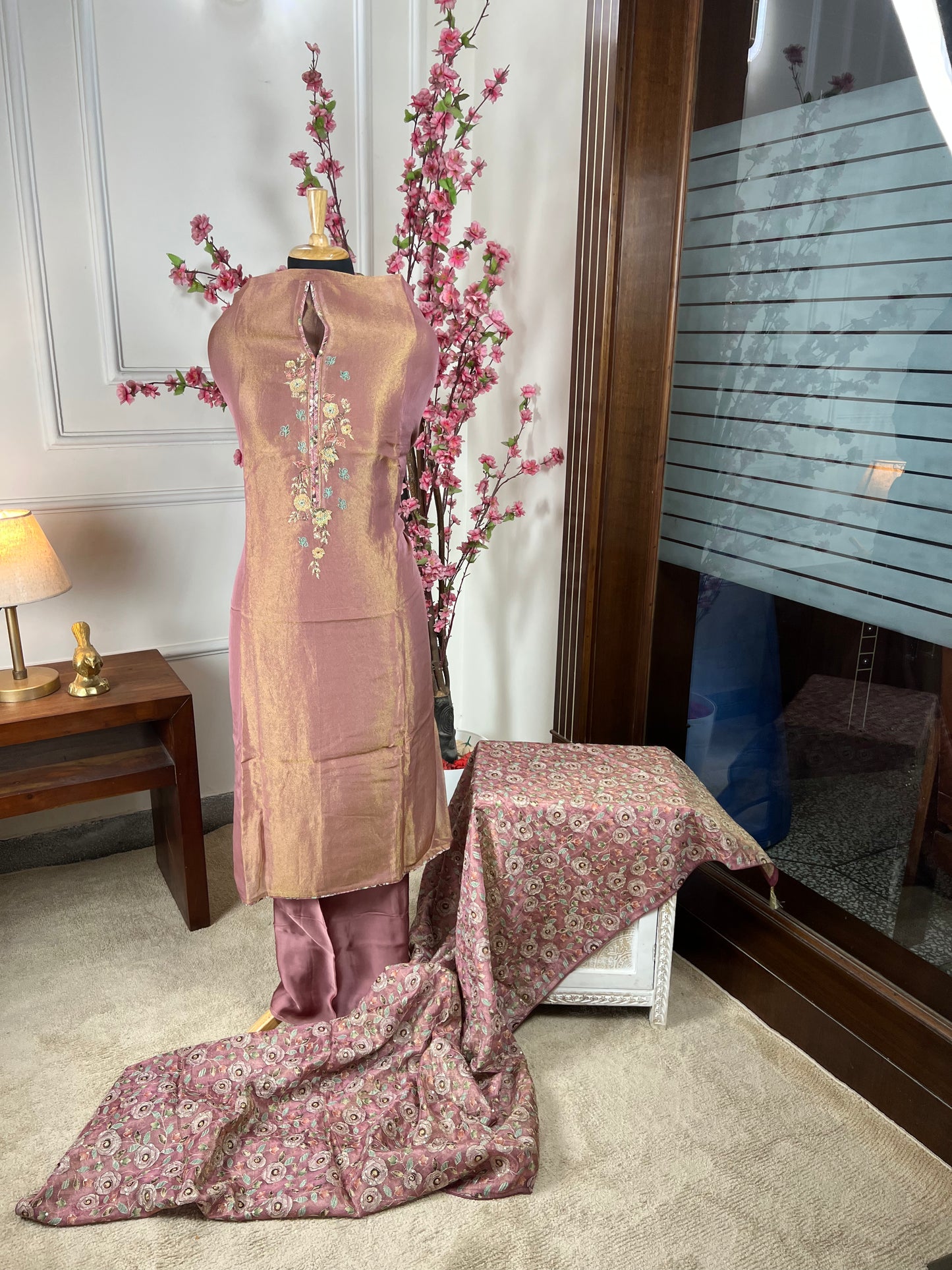 Top Pure shimmer silk with handwork Bottom Pure silk satin Dupatta Pure shimmer silk with heavy work