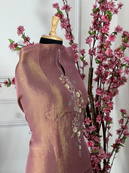 Top Pure shimmer silk with handwork Bottom Pure silk satin Dupatta Pure shimmer silk with heavy work