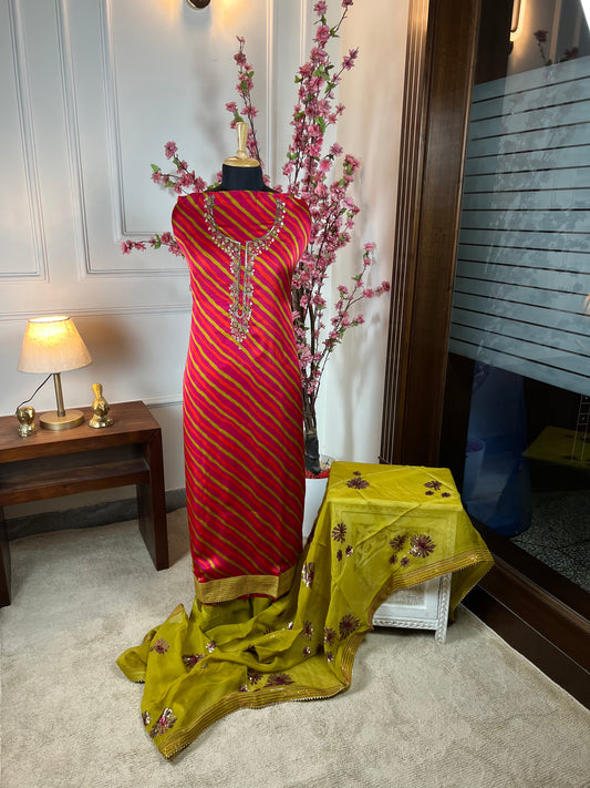 Top Pure silk satin with knot work nalki work gota patti and hand work on neck Bottom Pure upada premium soft Dupatta Pure organja with handwork