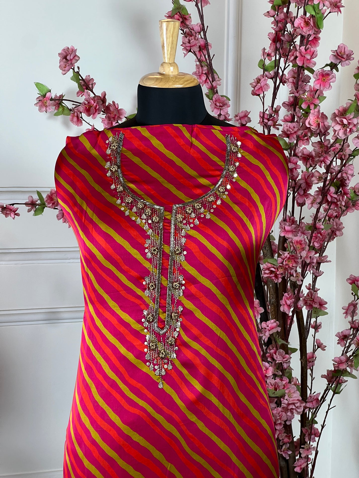 Top Pure silk satin with knot work nalki work gota patti and hand work on neck Bottom Pure upada premium soft Dupatta Pure organja with handwork