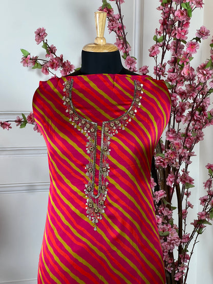 Top Pure silk satin with knot work nalki work gota patti and hand work on neck Bottom Pure upada premium soft Dupatta Pure organja with handwork