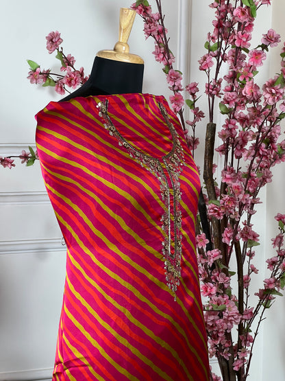 Top Pure silk satin with knot work nalki work gota patti and hand work on neck Bottom Pure upada premium soft Dupatta Pure organja with handwork