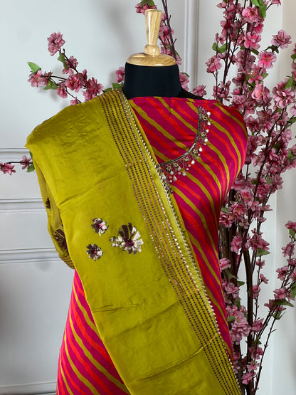 Top Pure silk satin with knot work nalki work gota patti and hand work on neck Bottom Pure upada premium soft Dupatta Pure organja with handwork