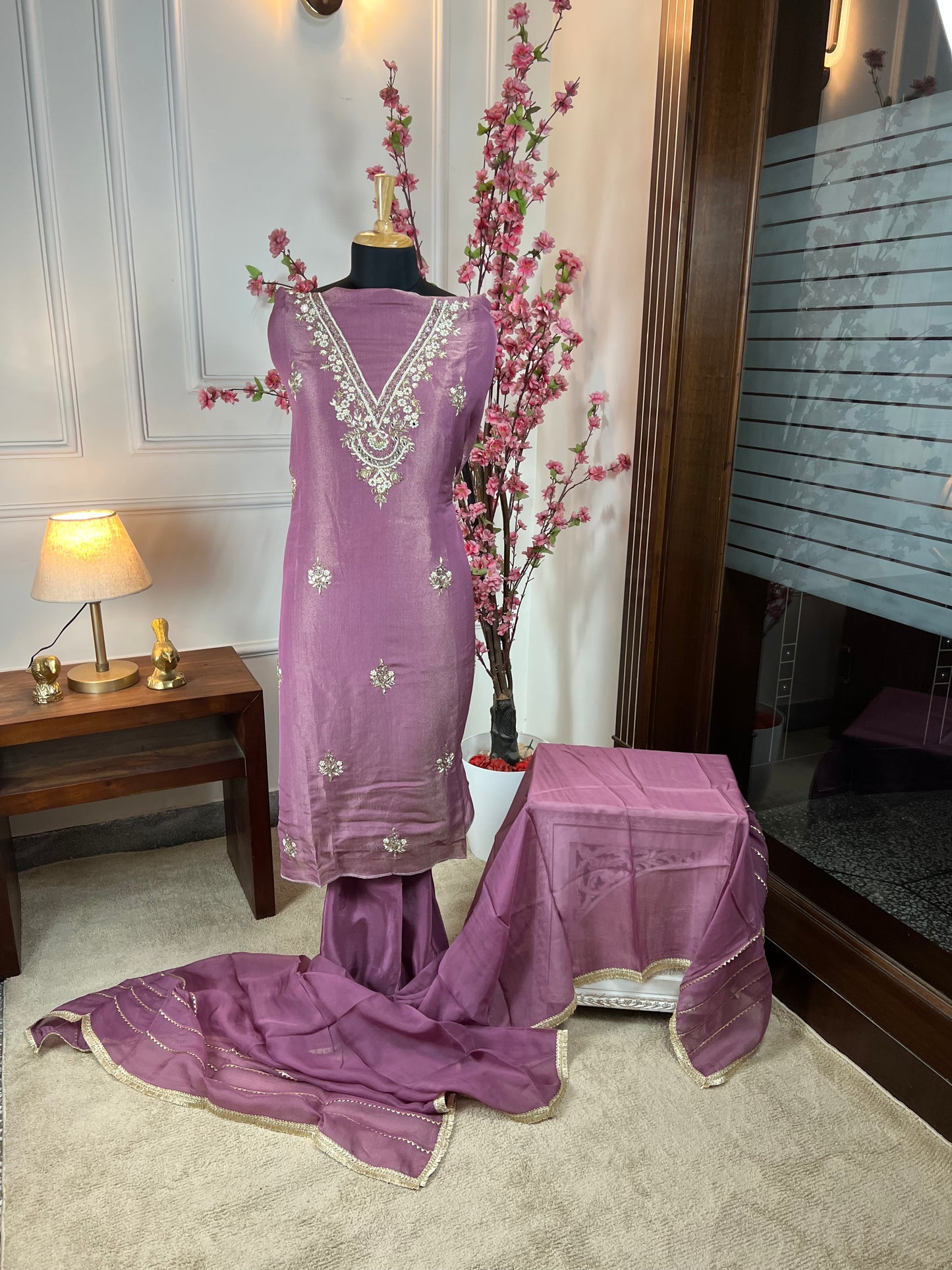 Top Pure ivory silk with pearl thread mirrors and nalki handwork Bottom Pure crape Dupatta Soft pure organja with lace work