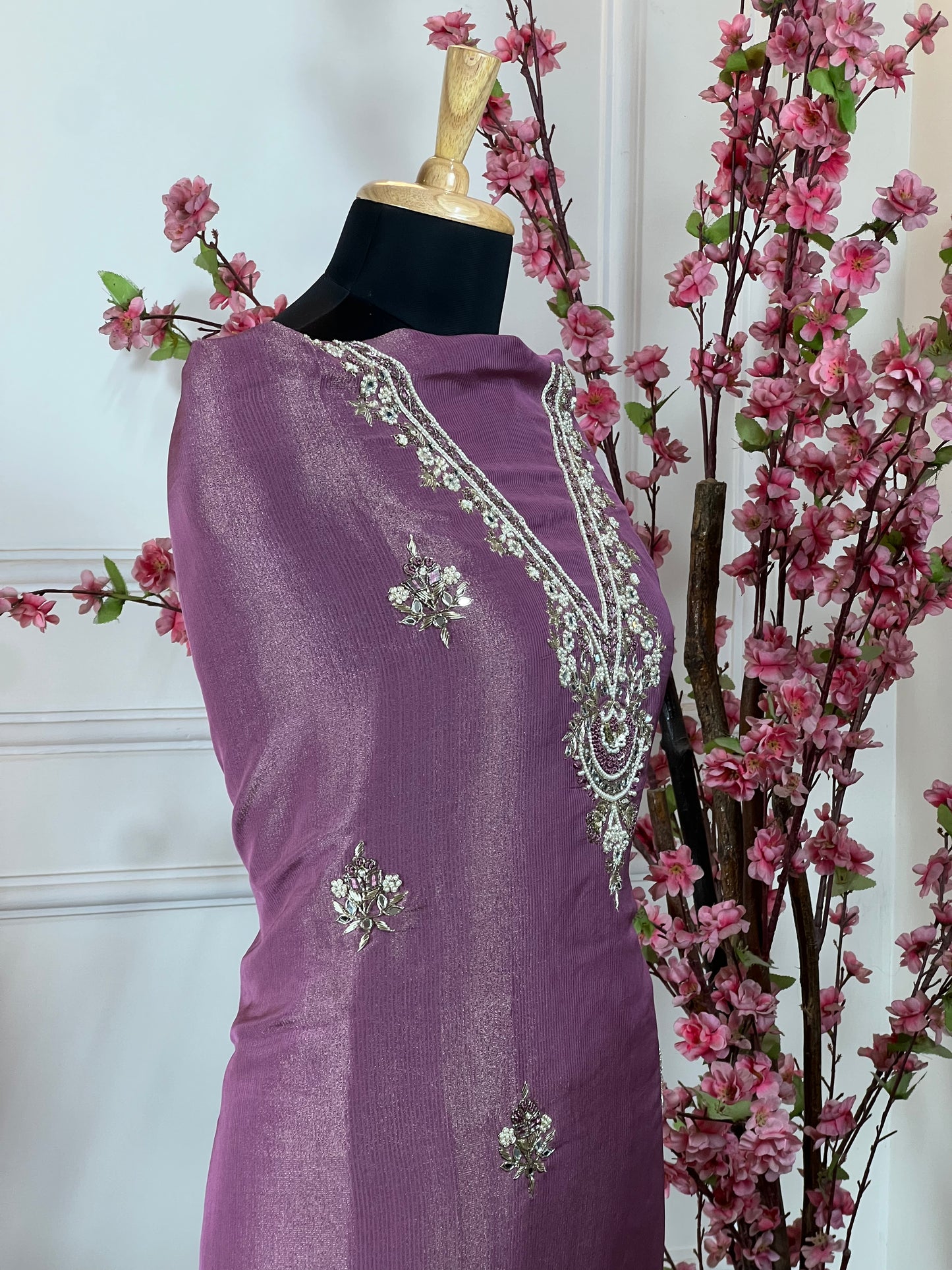 Top Pure ivory silk with pearl thread mirrors and nalki handwork Bottom Pure crape Dupatta Soft pure organja with lace work