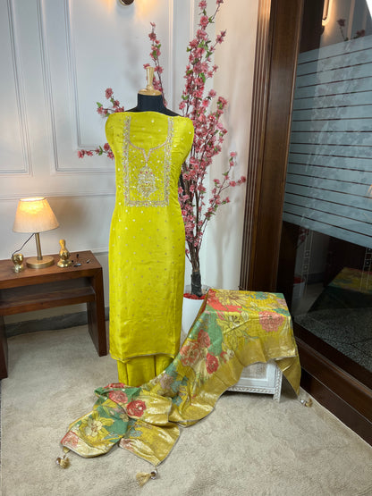 Top Pure ivory silk with dabka pearl handwork knot work and sequins Bottom Pure silk santoon Dupatta Pure organja printed with Banarasi work and tassels