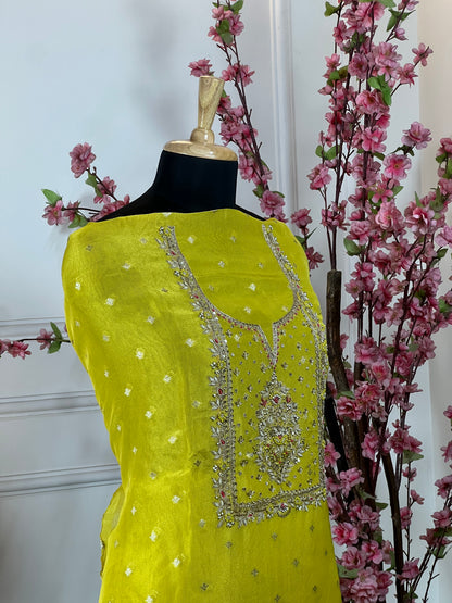 Top Pure ivory silk with dabka pearl handwork knot work and sequins Bottom Pure silk santoon Dupatta Pure organja printed with Banarasi work and tassels
