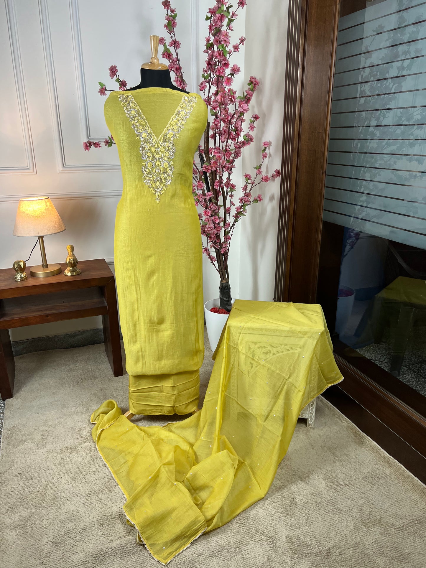Top Pure mul chanderi soft with pearl knot dabka thread work on neck Bottom Pure soft muslin santoon Dupatta Pure mul chanderi sequin and pearl lace