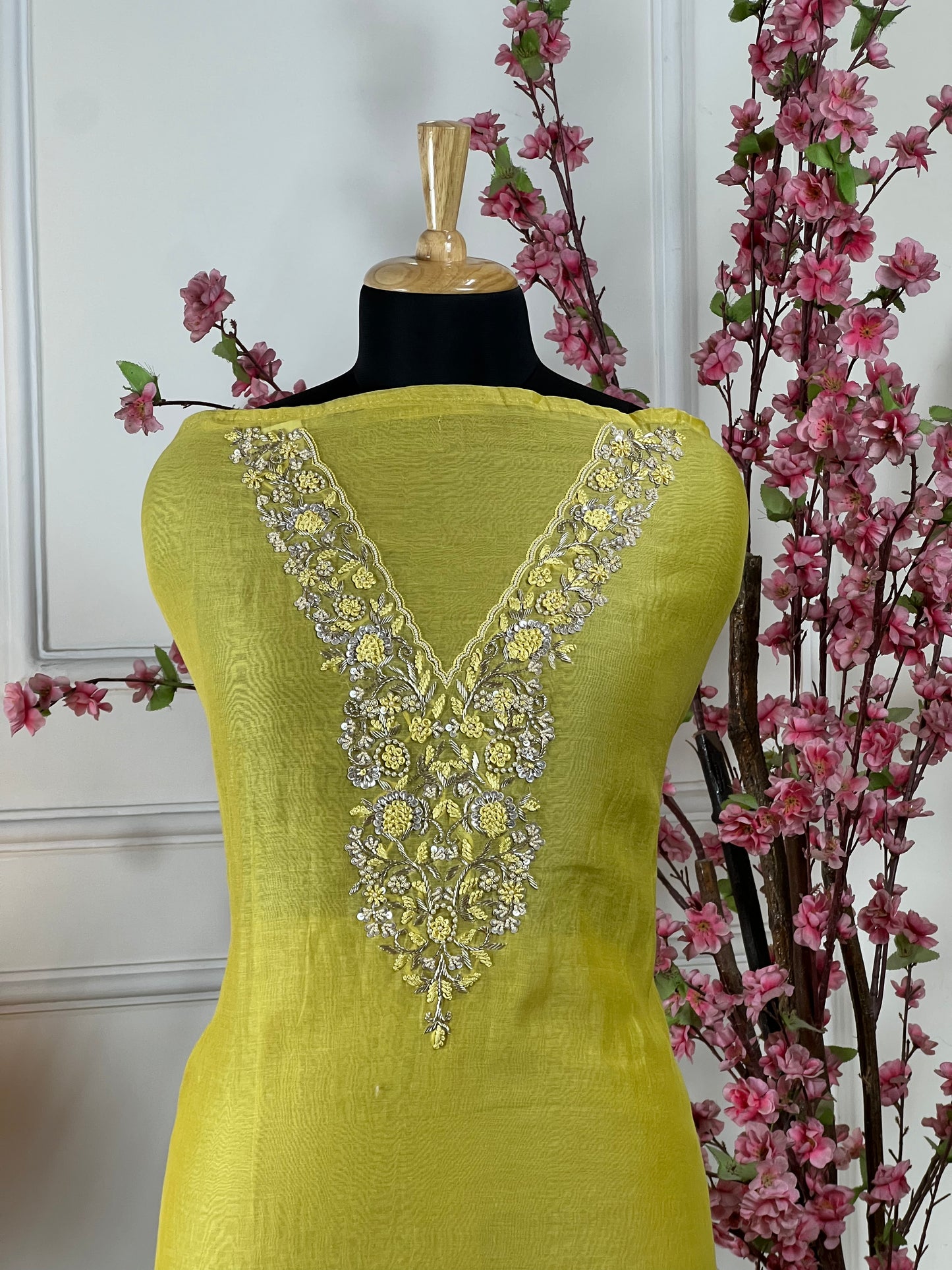 Top Pure mul chanderi soft with pearl knot dabka thread work on neck Bottom Pure soft muslin santoon Dupatta Pure mul chanderi sequin and pearl lace