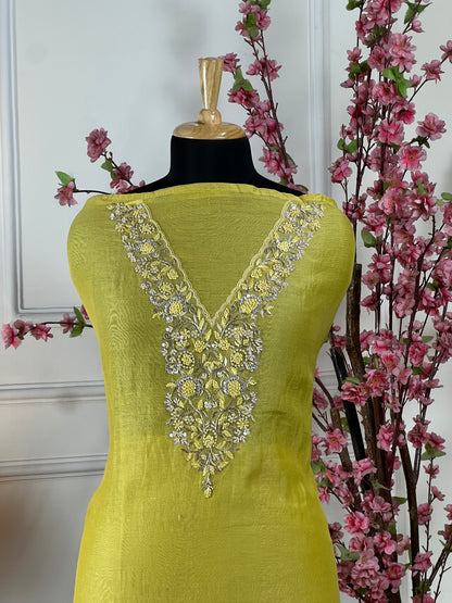 Top Pure mul chanderi soft with pearl knot dabka thread work on neck Bottom Pure soft muslin santoon Dupatta Pure mul chanderi sequin and pearl lace