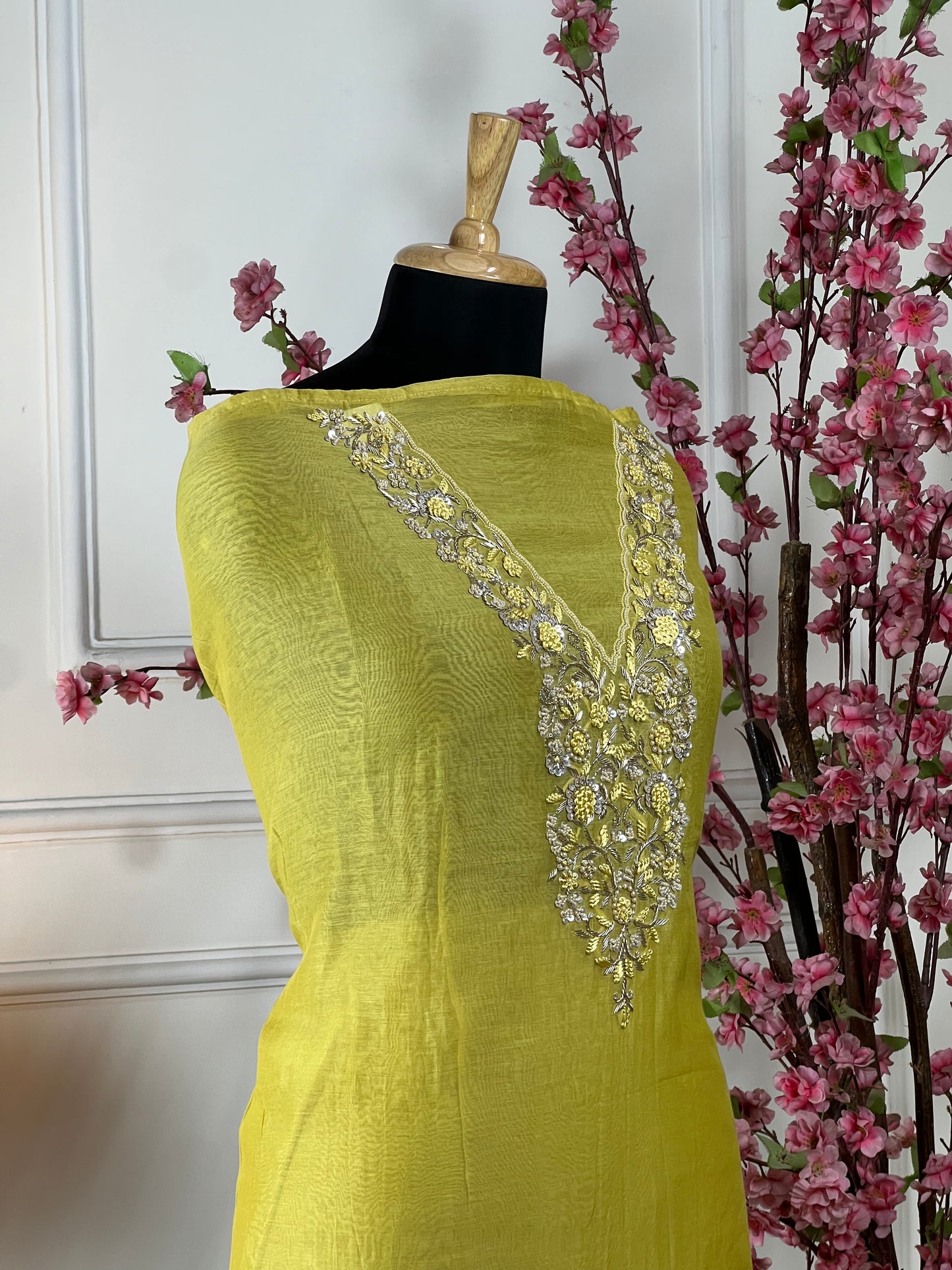 Top Pure mul chanderi soft with pearl knot dabka thread work on neck Bottom Pure soft muslin santoon Dupatta Pure mul chanderi sequin and pearl lace
