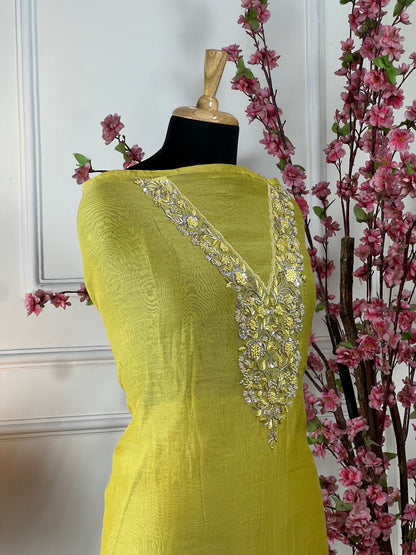 Top Pure mul chanderi soft with pearl knot dabka thread work on neck Bottom Pure soft muslin santoon Dupatta Pure mul chanderi sequin and pearl lace