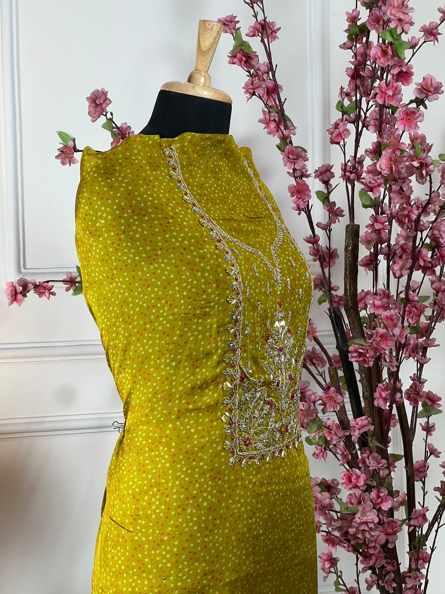 Top Pure organja with knot sequin and thread dori work on neck Bottom Pure soft opada Dupatta Pure organja gota patti cut work