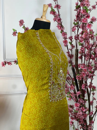Top Pure organja with knot sequin and thread dori work on neck Bottom Pure soft opada Dupatta Pure organja gota patti cut work