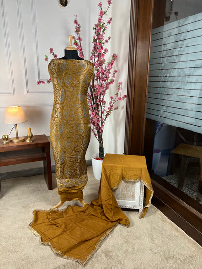 Top Pure brocket handwork with nalki sequin and pearl work on border back plain shimmer Bottom Pure soft opada Dupatta Pure chinon four side border with handwork and pipen