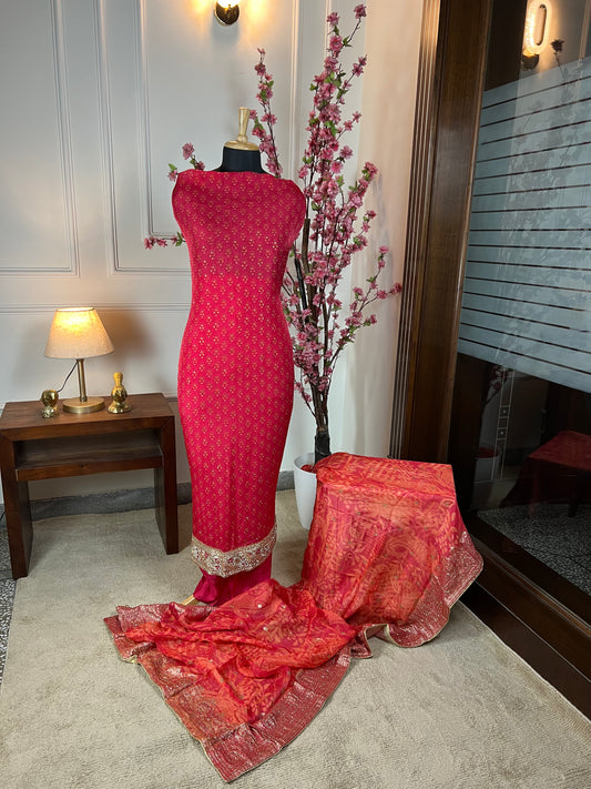 Top Pure organja silk with handwork border nalki sequins and moti work Bottom Plain pure opada Dupatta Pure organja Banarasi printed weaving with sequin and nalki handwork